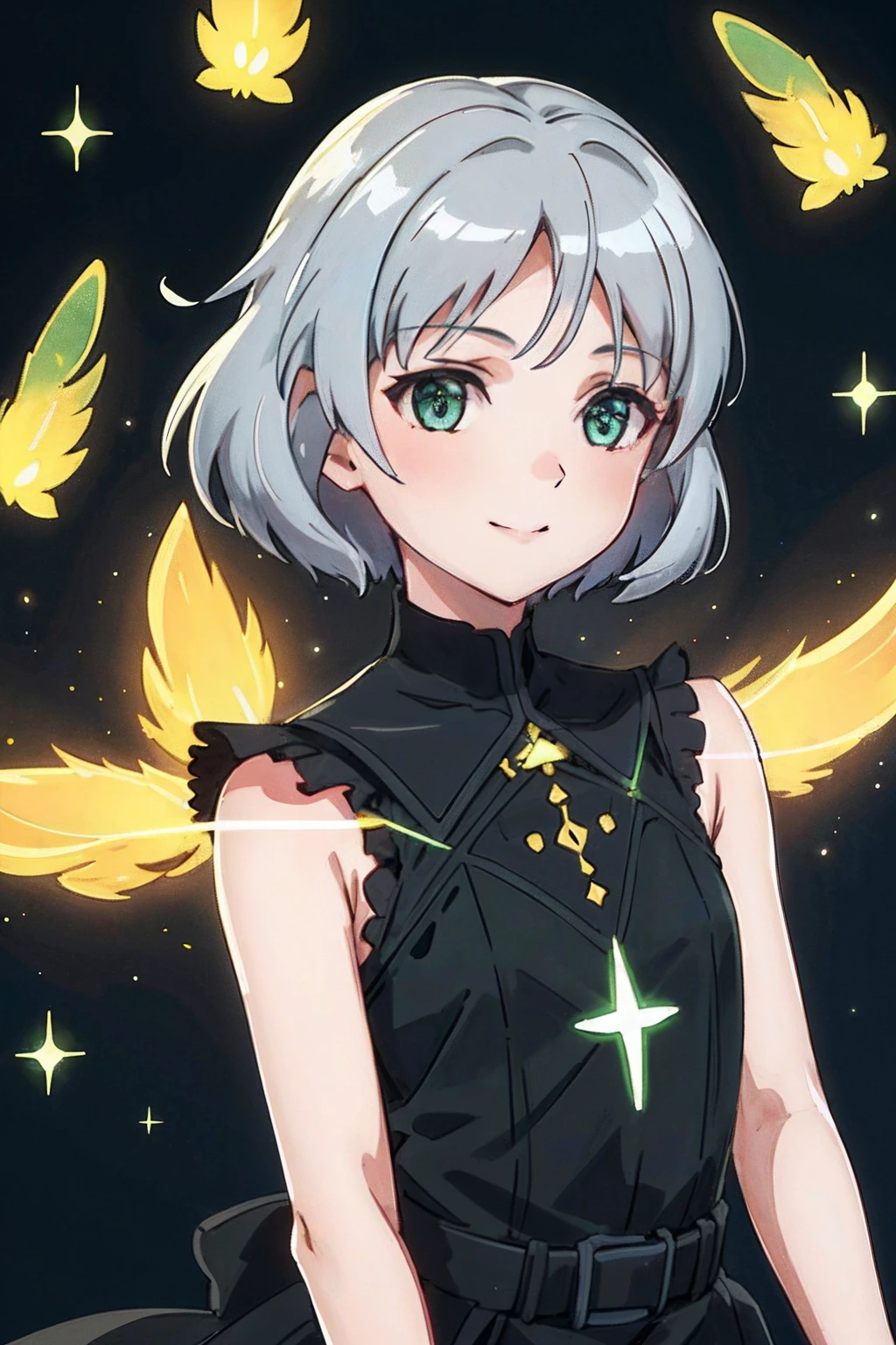 1girl, radiance, soft contours, upper body, 
sanya v. litvyak, smile, short fluffy silver hair, green eyes,
((black dress)), lily hairpin in hair, night sky, stars, flickering fireflies