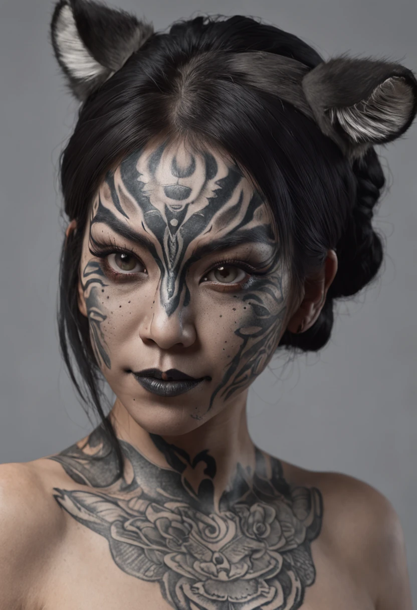 Black and gray realistic tattoo art of tiger withalf +Hannya mask style (((tiger eyes))) +black woman on right side, illustrator, 0mib, masterpiece, high quality, black and gray, monochrome, 8k, high resolution, high detail, japanese, samurai, extremely detailed eyes and face, japan , black woman on right side, beautiful detailed nose, beautiful detailed eyes, light on face, looking at viewer, (1 woman, mature face), realistic face, full lips, captivating smile, realistic body, (RAW photo, best quality ), (realistic, photorealistic: 1,3) , masterpiece, extremely beautiful, extremely detailed,,with ink splatter sketch effect ,he is with open mouth looking very fierce and angry