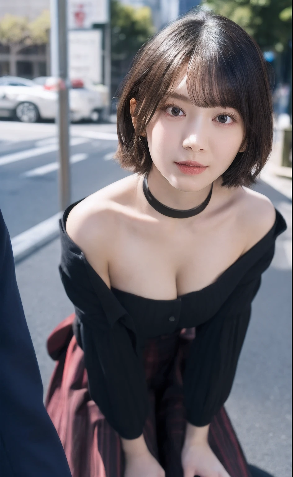 best quality , ( photorealistic : 1.4 ) masterpiece , ultra high res , 1girl  , big hip ,soft light ,small  breasts , beautiful girl, valley fat,((of the highest quality, 8K, masterpiece: 1.3)), Sharp Focus: 1.2, Urban area: 1.2, Highly detailed face and skin texture, Detailed eyes,detailed face, perfect lighting, Exposed cleavage、exposed shoulder、Thigh exposure、(cammel toe), off shoulder, black choker necklace, valley fat, pieace pose, Street Tokyo、natural soft light、Radio City, crowd,japanese, knelt, short hair,small body