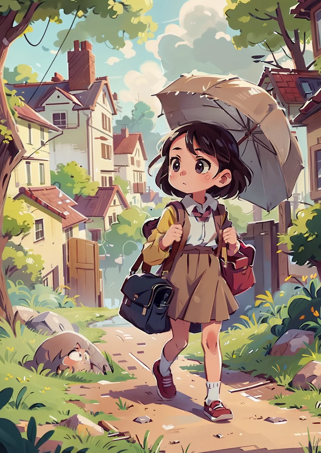 Generates an image of a very young girl Walking To school on a cloudy day