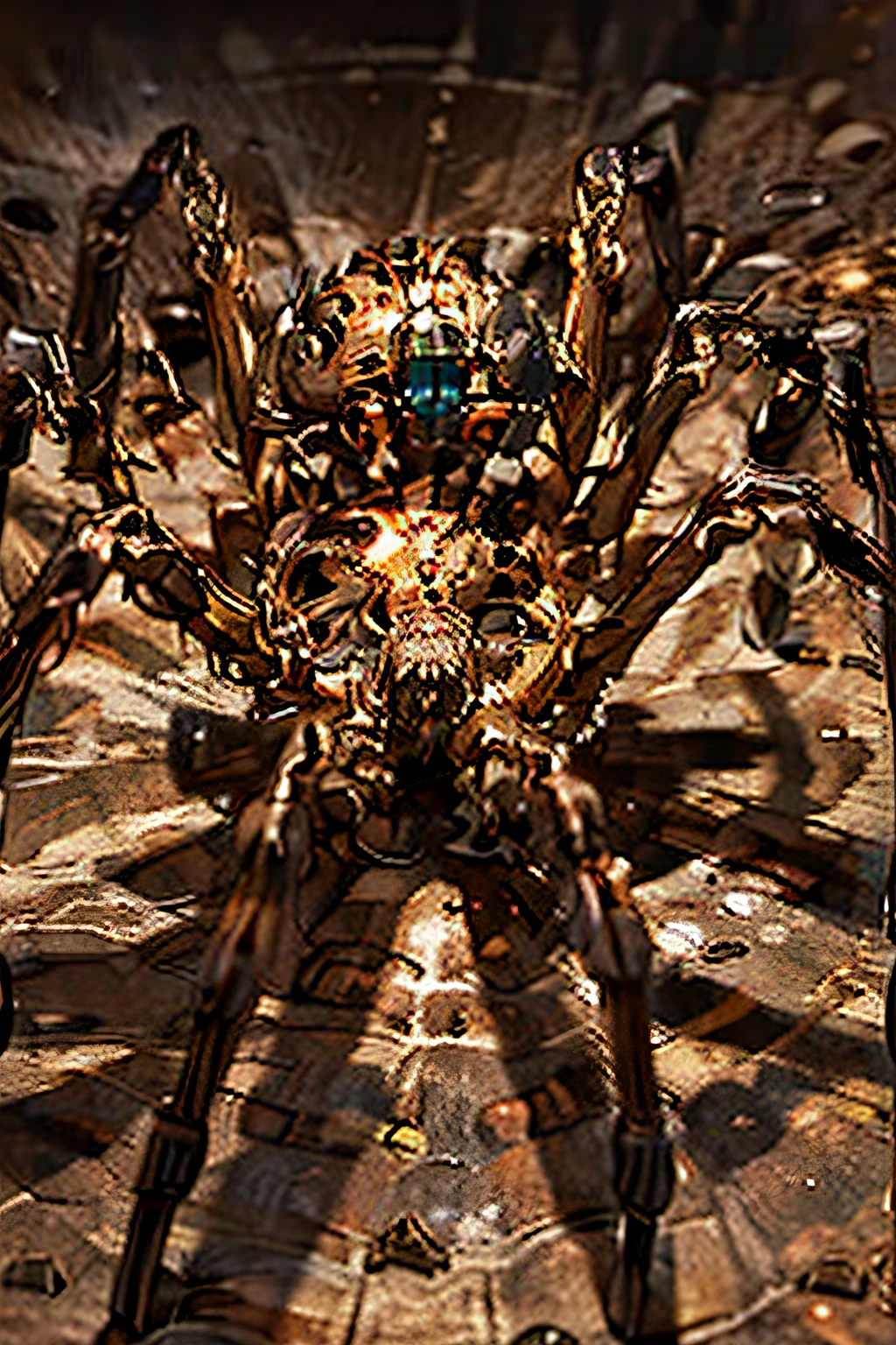 Imagine uma aranha monstruosa feita inteiramente de cobre reluzente, with a bright exoskeleton and a characteristic color that stands out amid the darkness. Their legs are long and flexible, ending in sharp claws like blades, capazes de rasgar qualquer coisa em seu caminho. A aranha se move silenciosamente pela floresta, leaving a trail of shiny copper wherever you go