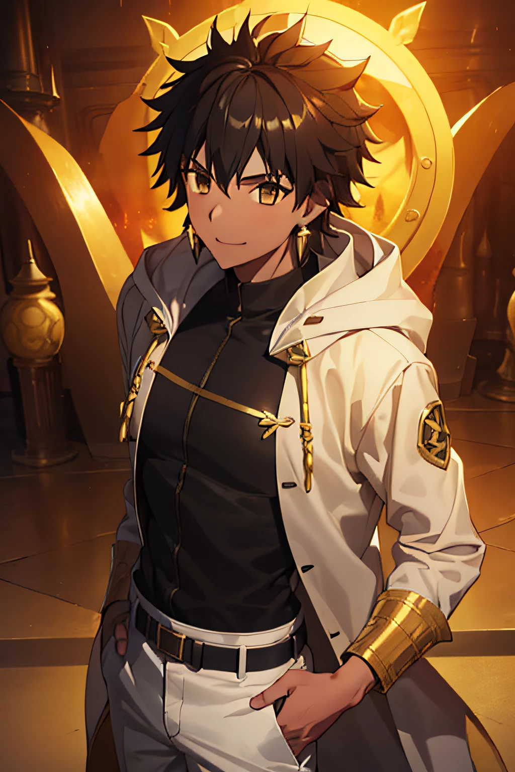 1man, black hair, curly hair, pale-yellow jacket, white shirt, caramel skin, yellow hood, fantasy clothes, brown pants, rolled-up sleeves, hazel eyes, smirk, holding magic fireball, black sword