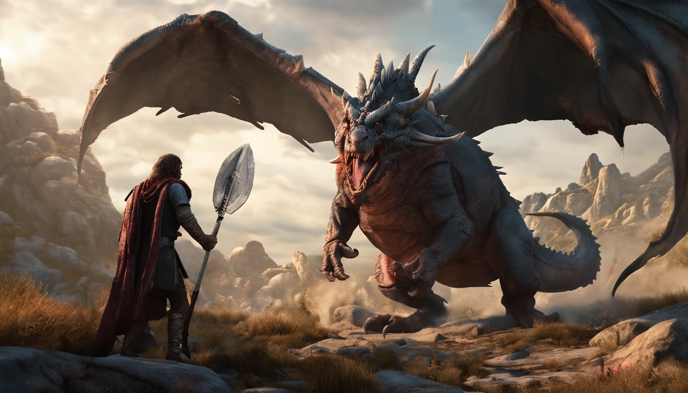 Man with a sword and shield facing a realistic dragon, pronto para a baralha