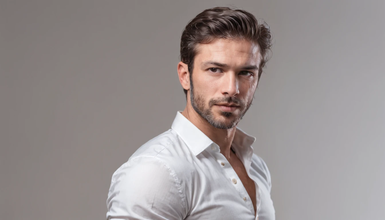 Arafed homem musculoso de 40 anos, super modelo, um cara incrivelmente bonito e robusto, Pose de corpo inteiro, Standing up, (((Hands in pockets))), (((camisa branca oxford))), encaixar, white underwear, sem sapatos, (no rosto: 1.3), facial, Rosto detalhado, olhos perfeitos, Serious expression, corte de cabelo curto, Contexto deserto, detalhes intrincados, natural lighting, anatomia correta, good composition, Imagem masculina, manly, crisp and crisp, textura da pele