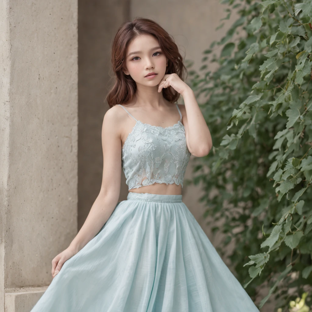 A young girl, with wavy purple hair and light blue eyes like crystal, wears a decent dress that does not show her feminine charm, she is soo cute, she wear a long white skirt, with a simple green T-shirt writed on its a word "Princess"