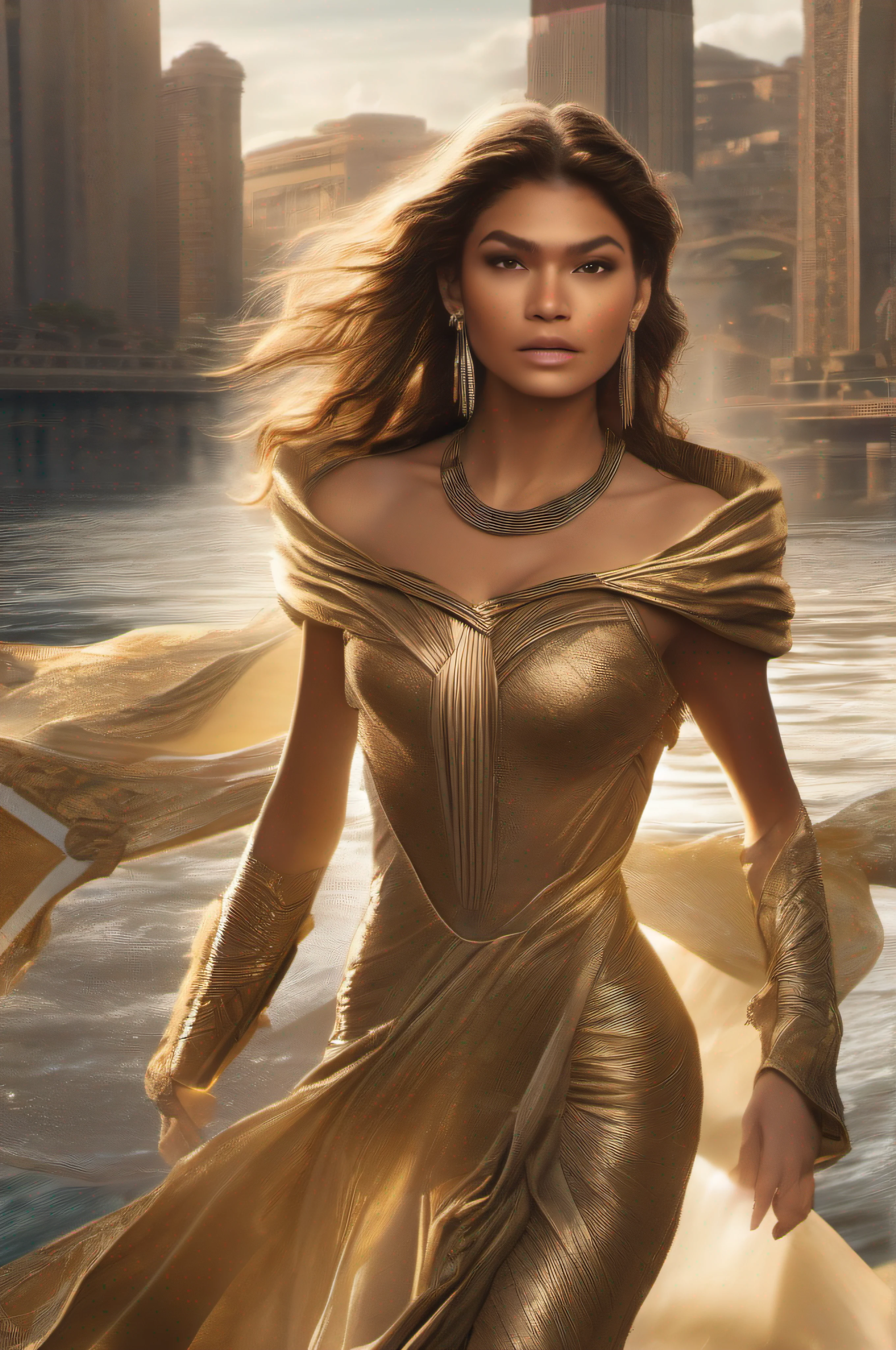 A brown-haired photographic 25-year-old Zendaya wears a short golden Egyptian flapping cloak, with bare shoulders and a gigantic deep neckline, as she runs along the quay of a river flowing through a futuristic Egyptian city with her hair blowing