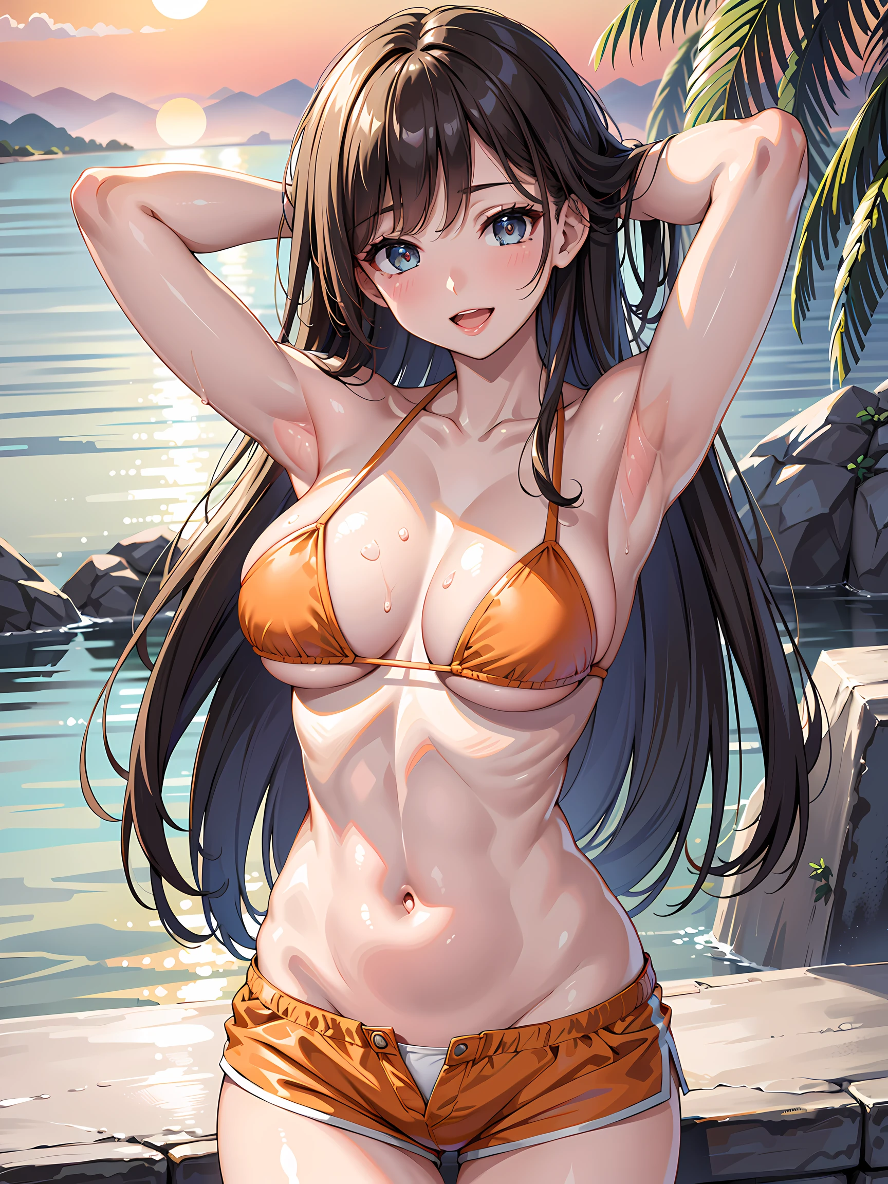 (1girl:1.3, solo), (Masterpiece, best quality, photorealistic, highres, photography, :1.3), ultra-detailed, sharp focus, professional photo, commercial photo, (upper body:1.3), (standing at blue ocean:1.3, in water:1.3), (((starring at the viewer:1.5))), (armpit focus, arms up, arms behind on head), BREAK, 1girl, solo, milf, European girl, hot model, (attractive model:1.37), (promotional model:1.2), highly detailed eyes and pupils, realistic skin, (attractive body, large breast:1.25, thin waist:1.15), thin hair, single braid hair, mahogany hair, extremely detailed hair, delicate sexy face, sensual gaze, shiny lips, BREAK, (orange bikini:1.3), (shorts:1.3), detailed clothes, BREAK, (outdoor, South California beach background, blurry background:1.25, simple background, no-human background, detailed background), (under sunset:1.37), BREAK, (attractive posing), ((realistic, super realistic, realism, realistic detail)), perfect anatomy, perfect proportion, bokeh, depth of field, hyper sharp image, (attractive emotion, seductive smile:1.2, happy:1.2, blush:1.2, :d:1.2, :p:1.2), 4fingers and thumb, perfect human hands, wind,