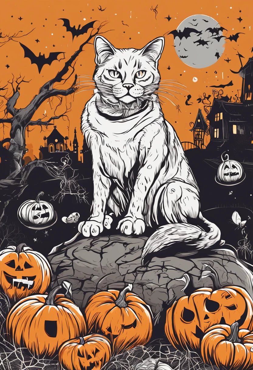 print-ready vector t-shirt design, Cena de Halloween com gatos pretos, spiders and pumpkins, com bela lua noturna e morcegos no fundo, fundo branco limpo, vetor profissional, tiro completo, 8K resolution, deep printingillustration