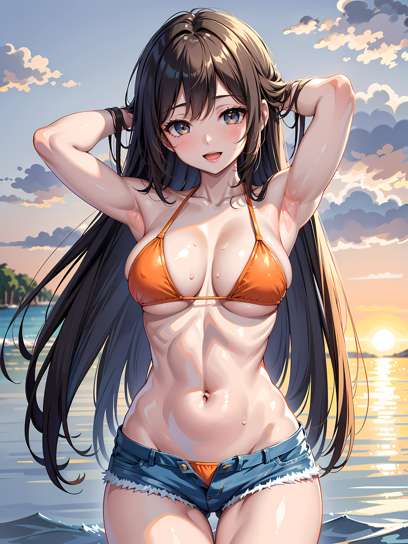 (1girl:1.3, solo), (Masterpiece, best quality, photorealistic, highres, photography, :1.3), ultra-detailed, sharp focus, professional photo, commercial photo, (upper body:1.3), (standing at blue ocean:1.3, in water:1.3), (((starring at the viewer:1.5))), (armpit focus, arms up, arms behind on head), BREAK, 1girl, solo, milf, European girl, hot model, (attractive model:1.37), (promotional model:1.2), highly detailed eyes and pupils, realistic skin, (attractive body, large breast:1.25, thin waist:1.15), thin hair, single braid hair, mahogany hair, extremely detailed hair, delicate sexy face, sensual gaze, shiny lips, BREAK, (orange bikini:1.3), (shorts:1.3), detailed clothes, BREAK, (outdoor, South California beach background, blurry background:1.25, simple background, no-human background, detailed background), (under sunset:1.37), BREAK, (attractive posing), ((realistic, super realistic, realism, realistic detail)), perfect anatomy, perfect proportion, bokeh, depth of field, hyper sharp image, (attractive emotion, seductive smile:1.2, happy:1.2, blush:1.2, :d:1.2, :p:1.2), 4fingers and thumb, perfect human hands, wind,