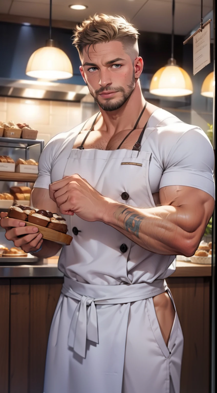 Tom Hardy in a revealing chef clothes standing in front of a display of bakery and desserts, light-colored hair, short curly hair, tanned-skin, darker skin, crew cut, stubble, maid outfit, sexy and luring, in a coffee shop, muscular, fully naked, Handsome face, eyes with brightness,The man looks confident and determined, full-body shot,