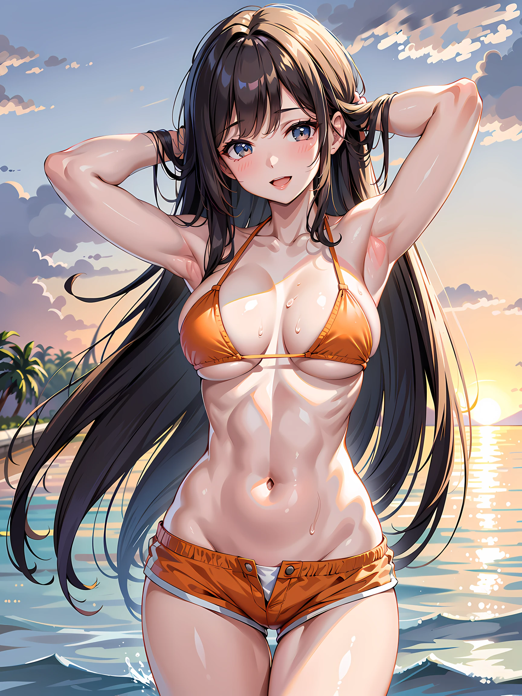 (1girl:1.3, solo), (Masterpiece, best quality, photorealistic, highres, photography, :1.3), ultra-detailed, sharp focus, professional photo, commercial photo, (upper body:1.3), (standing at blue ocean:1.3, in water:1.3), (((starring at the viewer:1.5))), (armpit focus, arms up, arms behind on head), BREAK, 1girl, solo, milf, European girl, hot model, (attractive model:1.37), (promotional model:1.2), highly detailed eyes and pupils, realistic skin, (attractive body, large breast:1.25, thin waist:1.15), thin hair, single braid hair, mahogany hair, extremely detailed hair, delicate sexy face, sensual gaze, shiny lips, BREAK, (orange bikini:1.3), (shorts:1.3), detailed clothes, BREAK, (outdoor, South California beach background, blurry background:1.25, simple background, no-human background, detailed background), (under sunset:1.37), BREAK, (attractive posing), ((realistic, super realistic, realism, realistic detail)), perfect anatomy, perfect proportion, bokeh, depth of field, hyper sharp image, (attractive emotion, seductive smile:1.2, happy:1.2, blush:1.2, :d:1.2, :p:1.2), 4fingers and thumb, perfect human hands, wind,