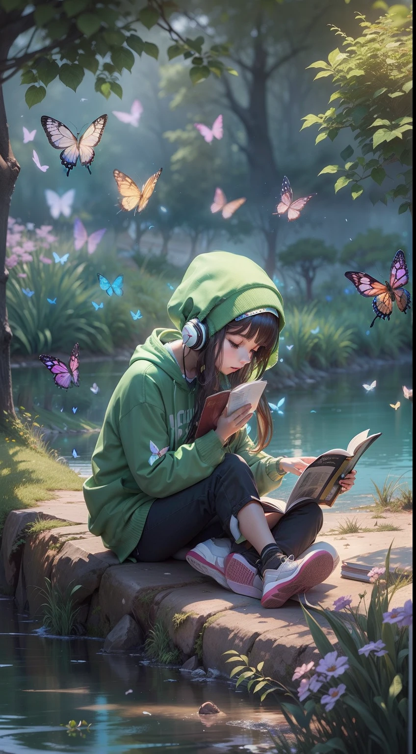 "1girl, solo, reading while listening to music under a tree, behind the river with flying butterflies and birds, wearing a green hoodies,on her head headphones."