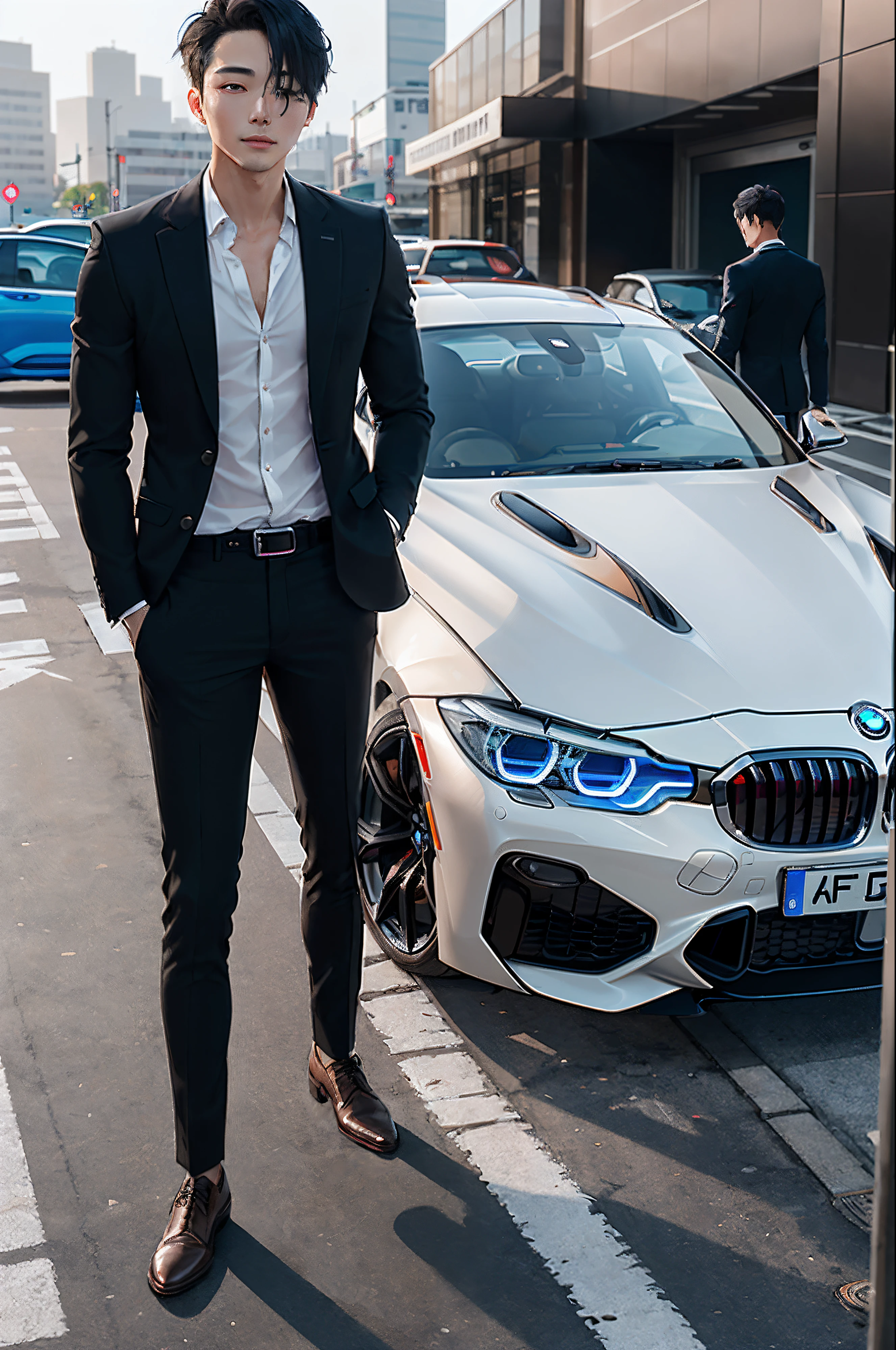 korean guy / Dark hair , brown eye , light skin , sports body / Dressed in a black suit / stands near a BMW car in Seoul / High quality photos , You can see the face