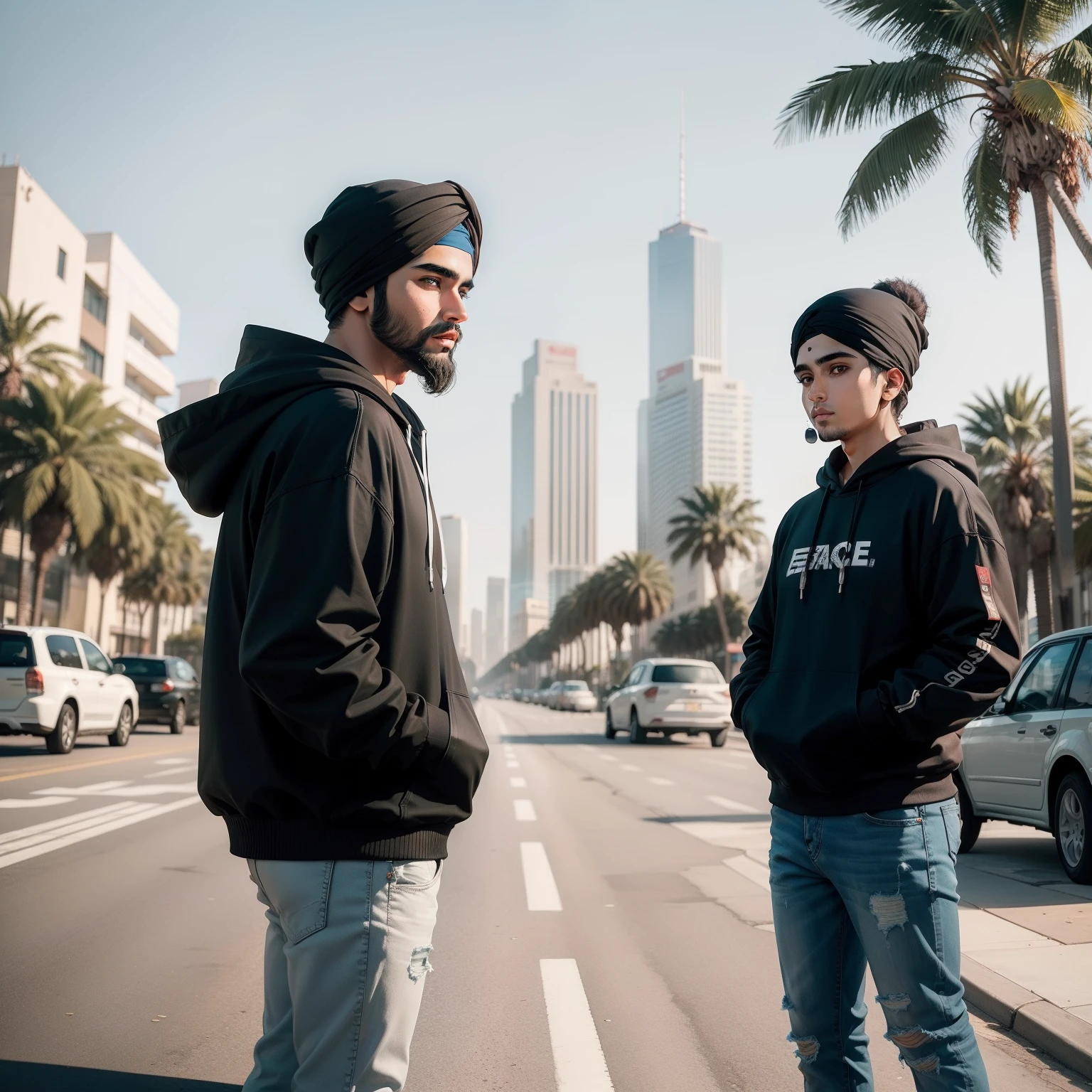palm trees and city buildings in the background, black hoodie with AF1s jeans men,wi and th Doublecup Styrofoam cup in my left hand ,retro,2d,illustration and cute sikh boy