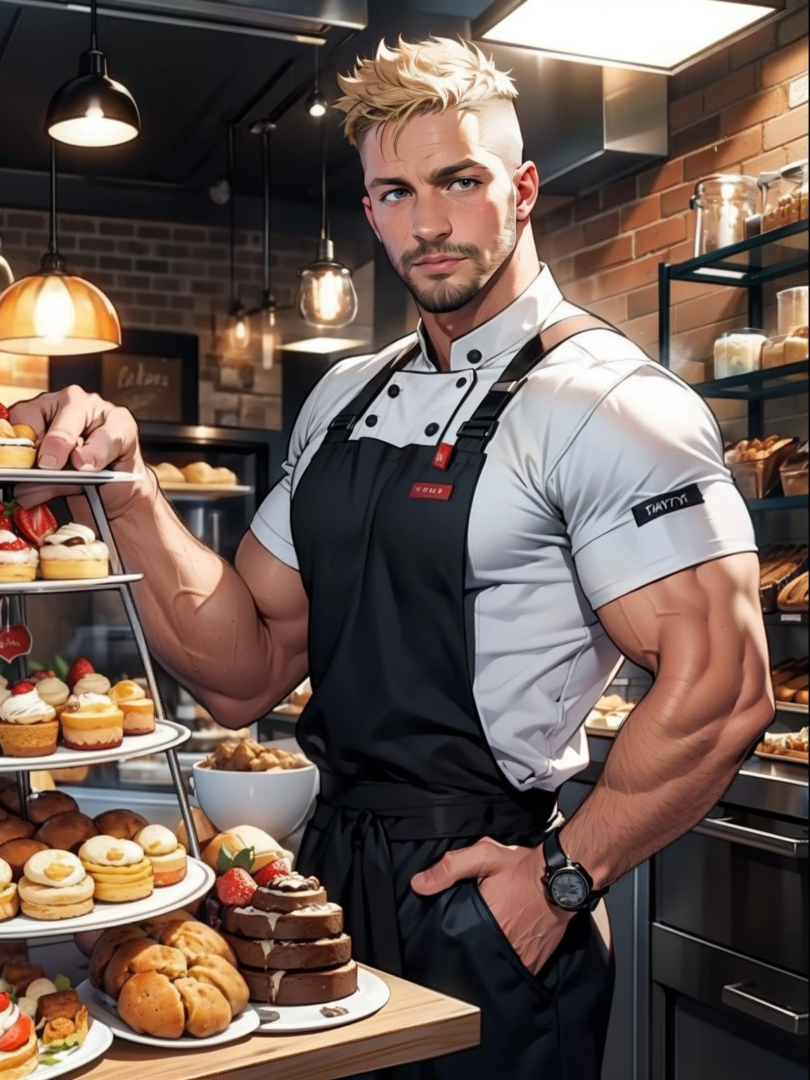 Tom Hardy in a revealing chef clothes standing in front of a display of bakery and desserts, light-colored hair, short curly hair, tanned-skin, darker skin, crew cut, stubble, maid outfit, sexy and luring, in a coffee shop, muscular, fully naked, Handsome face, eyes with brightness，The man looks confident and determined, full-body shot,