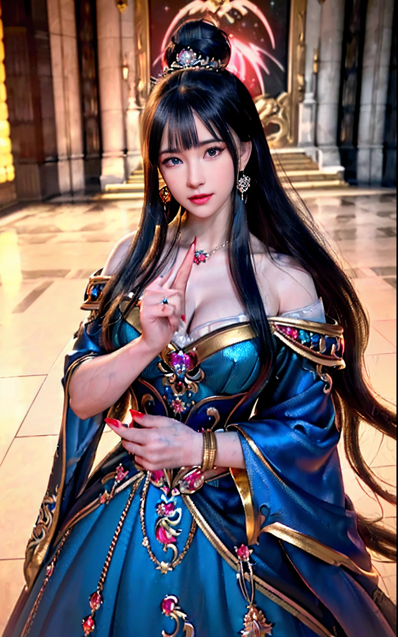 ((realisticity: 1.2)), ((realistic: 8K UHD)), ((best resolution: 8K UHD)), hyper detailed, best quality,masterpiece,highres,cg, ((1 girl hyper detailed and hyper realistic) ) , ((beautiful queen, hyper realistic and hyper detailed)),((white skin, beautiful, smooth, youthful, hyper realistic and hyper detailed )), ((Face hyper beautiful, white, hyper realistic and hyper detailed ) ), long hair, ((hyper realistic and hyper detailed dress)), solo, ((hyper realistic, hyper beautiful, beautiful and hyper detailed jewelry)), ((hyper beautiful deep red and golden yellow dress, hyper realistic and hyper detailed )) , ((Her pretty, hyper realistic, hyper detailed diamond filled earrings)), ((Her gorgeous diamond haircut, hyper realistic and hyper detailed)), ((hyper pretty upper body, hyper beautiful, hyper realistic and hyper detailed) ), ((medium breast: 1.1)), ((hyper realistic, hyper pretty, hyper detailed boobs)), ((the backgroun of the royal palace is hyper majestic, hyper realistic and hyper detailed)),((hands and palms hyper beautiful, hyper detailed, hyper realistic)), ((hyper detailed and hyper realistic fingers and fingernails)), ((hyper pretty fingernails, hyper vivid, hyper detailed, hyper realistic)), ((thumb, index finger, middle finger, ring finger, little finger hyper vivid, hyper pretty, hyper detailed, hyper realistic)), ((hyper beautiful fingers, hyper detailed, and hyper realistic)), ((posture not too fat and not too thin, hyper realistic, hyper detail)), ((hyper pretty, hyper pretty, hyper realistic and hyper detailed hair bun)), ((hyper pretty , hyper realistic and hyper detailed blue hair)), candid, Photo, high resolution, 8k , bokeh,