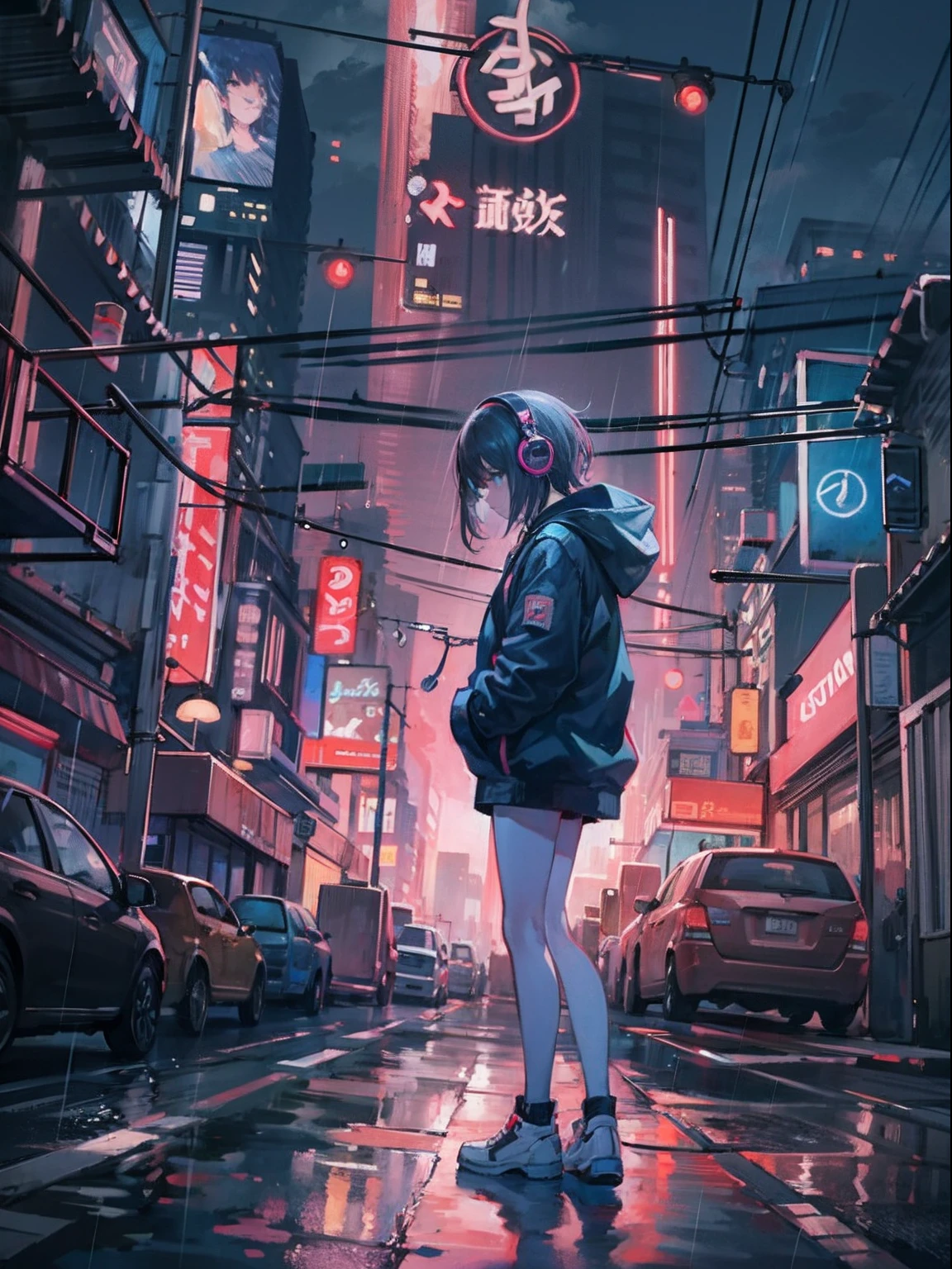masterpiece, anime girl alone, hoodie, headphones, street, outdoor, rain, neon, cyberpunk city, neon lights.
