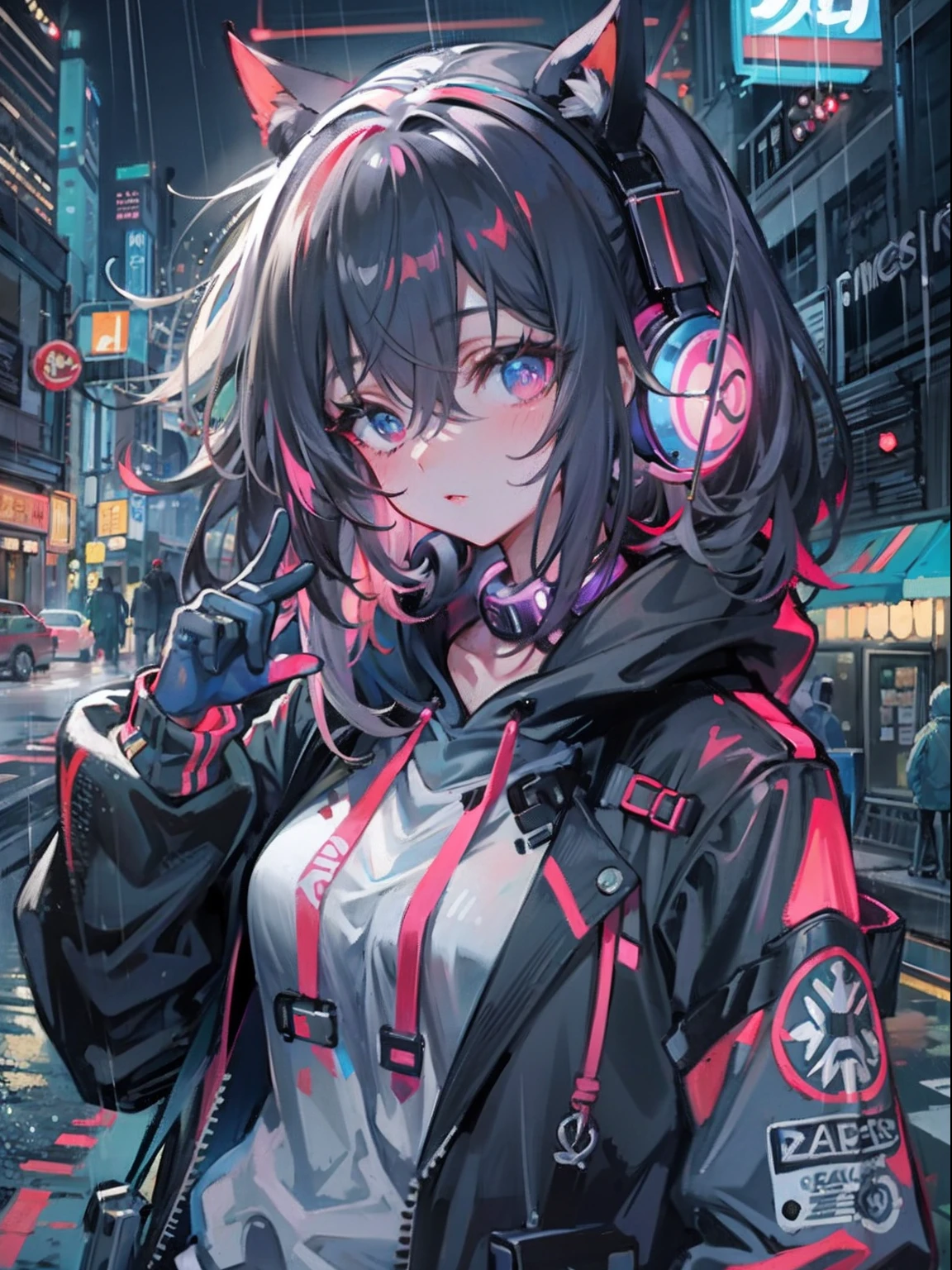 masterpiece, anime girl alone, incredibly absurd, hoodie, headphones, street, outdoor, rain, neon, cyberpunk city, neon lights.