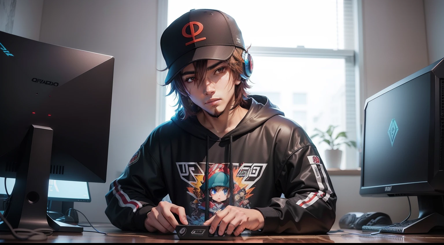 hay un streamer jugando con una computadora gamer y unos auriculares, Obra de arte estilo anime 2D, chico con sudadera y capucha, Estilo Yu-Gi-Oh, digital anime illustration.