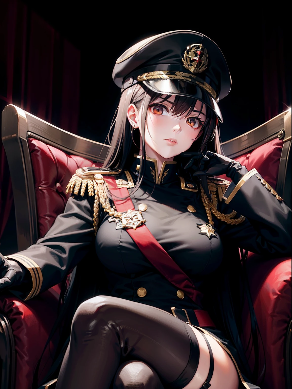 anime big breast,Female general,Long straight brown hair,red color eyes,Black themed military uniform,Small black military cap,black lence stockings,black glove,Place your right hand under your chin,a flat chest,Interior of a shady mansion,sitting on an royal throne,gloom,The light from the back window is backlighted,shadowing,frontage,Close up