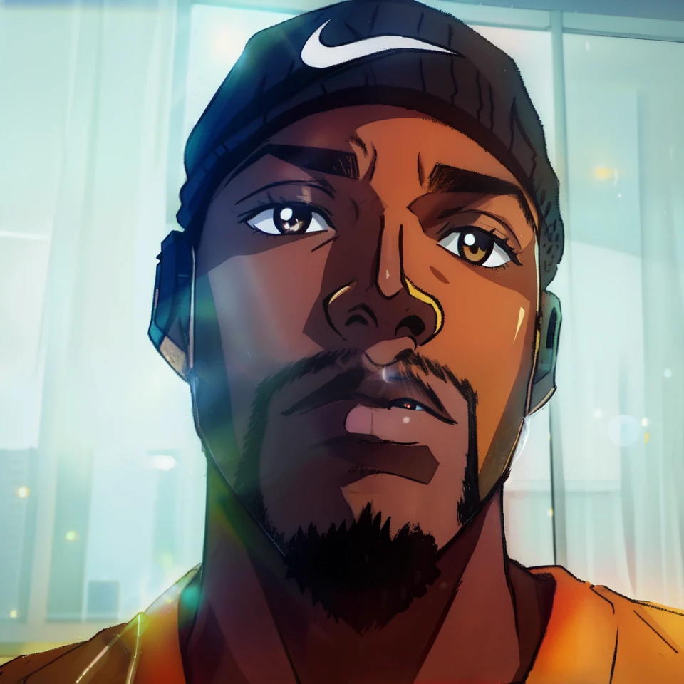 arafed man with dark eyes wearing a hat and a yellow shirt is looking at the camera, inspired by Terrell James, orisha, david uzochukwu, about 3 5 years old, george floyd, taken in the early 2020s, he is 3 5 years old, french man from louisiana, he is about 40 years old. The background is a futuristic recording studio in an apartment.