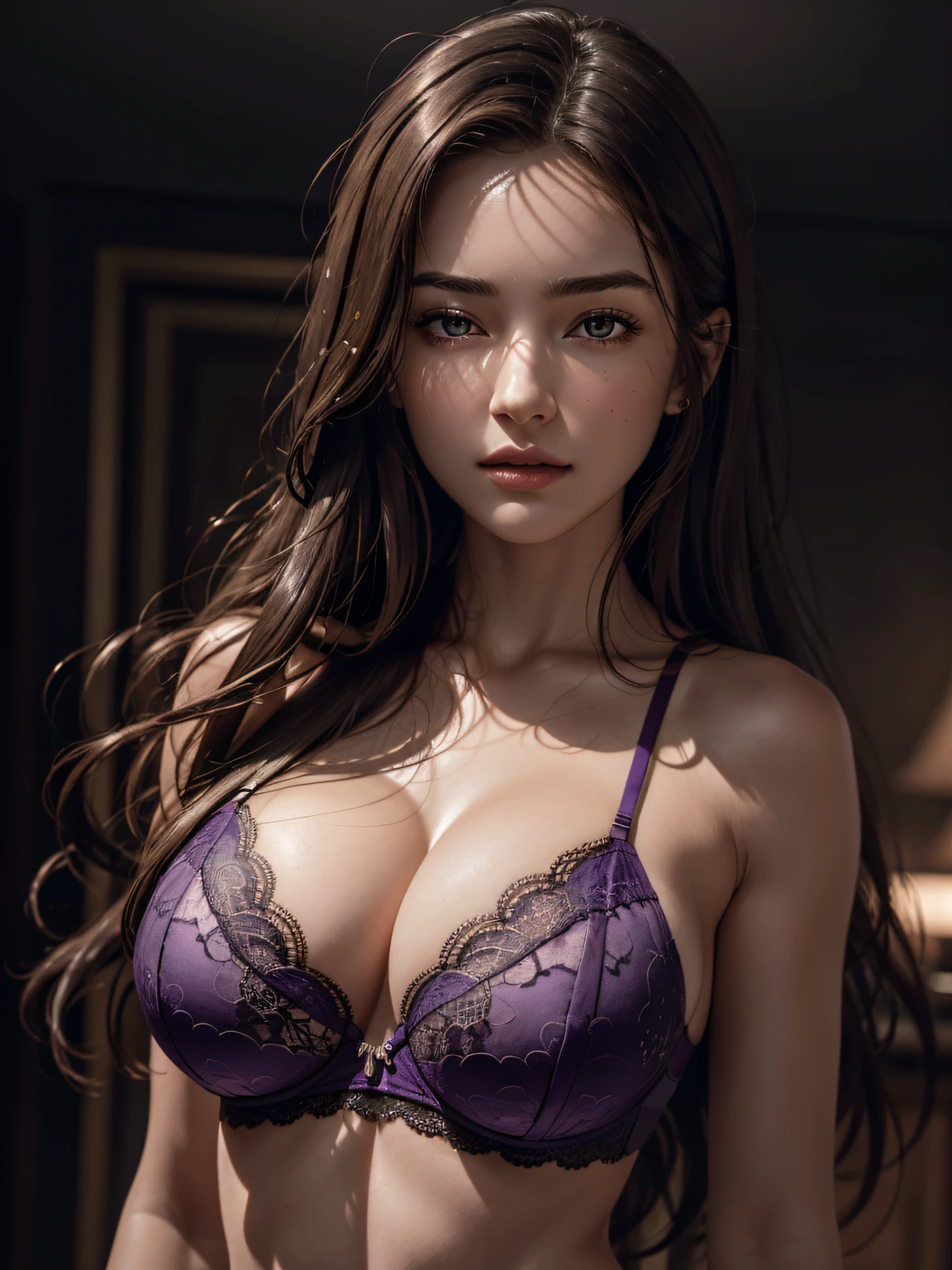 photorealistic, masterpiece, best quality, raw photo, 1girl, biggest breasts, long hair, brown hair, dark-purple luxury lace bra, looking at viewer, dynamic lighting, in the dark, deep shadow, low key, intricate detail, detailed skin, pore, highres, hdr, 4k, realistic,1 girl,perfecteyes