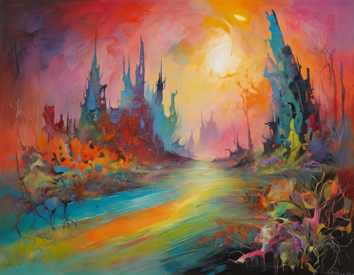 post apocalyptic world, where flamboyant and surreal alien creatures have seized power, extraterrestrial beings with mesmerizing colors and intricate patterns, Spaceships and spaceships, scattered across the landscape, Surreal and fairytale atmosphere, An unreal and bright color palette with intense and contrasting shades, digital painting with a mixture of science fiction and surrealism, whimsical and whimsical landscapes, Fantastic and fantastical landscapes, Fantastic and fantastical landscapes, Fantastic and fantastical landscapes, Fantastic and fantastical landscapes, Fantastic and fantastical landscapes, Fantastic and fantastical landscapes, Fantastic and fantastical landscapes, Fantastic and fantastical landscapes, Fantastic Fantastic, X.R. Giger, Salvador Dali, Moebius,