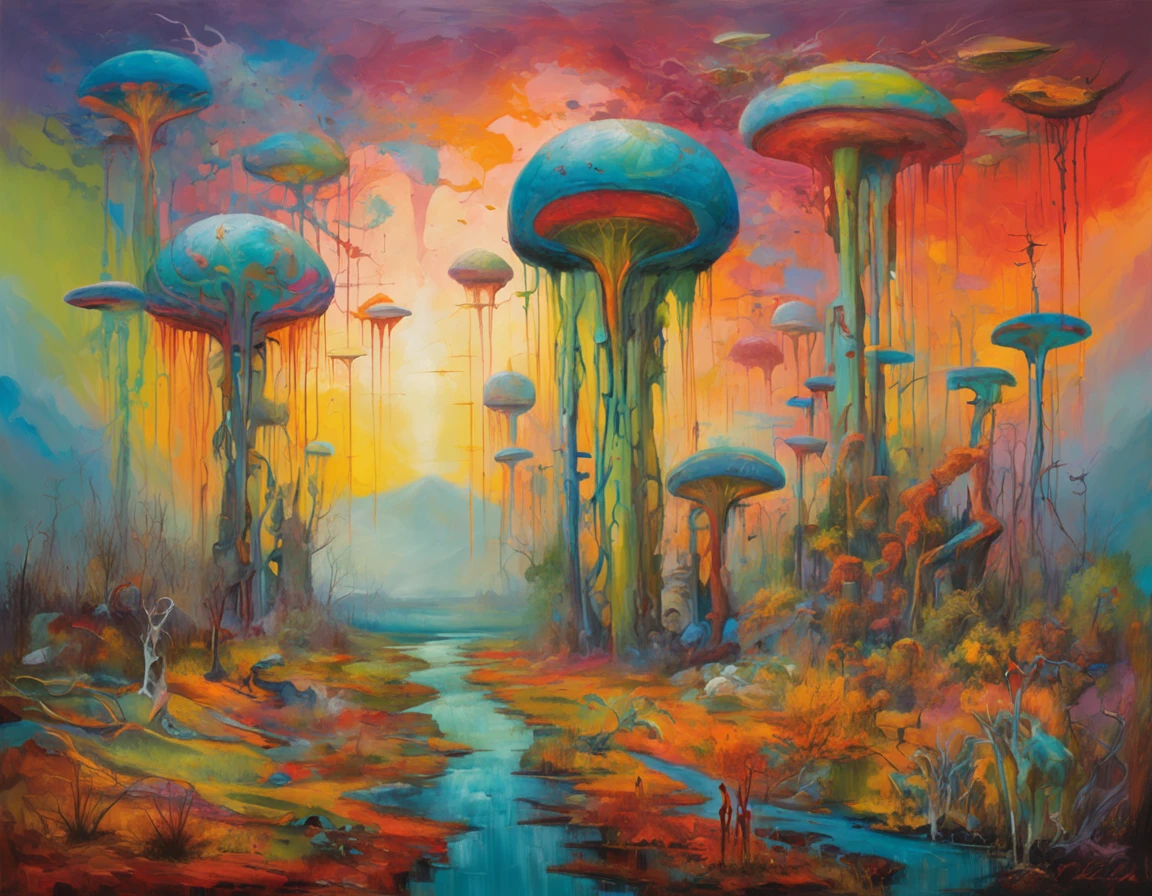 post apocalyptic world, where flamboyant and surreal alien creatures have seized power, extraterrestrial beings with mesmerizing colors and intricate patterns, Spaceships and spaceships, scattered across the landscape, Surreal and fairytale atmosphere, An unreal and bright color palette with intense and contrasting shades, digital painting with a mixture of science fiction and surrealism, whimsical and whimsical landscapes, Fantastic and fantastical landscapes, Fantastic and fantastical landscapes, Fantastic and fantastical landscapes, Fantastic and fantastical landscapes, Fantastic and fantastical landscapes, Fantastic and fantastical landscapes, Fantastic and fantastical landscapes, Fantastic and fantastical landscapes, Fantastic Fantastic, X.R. Giger, Salvador Dali, Moebius,