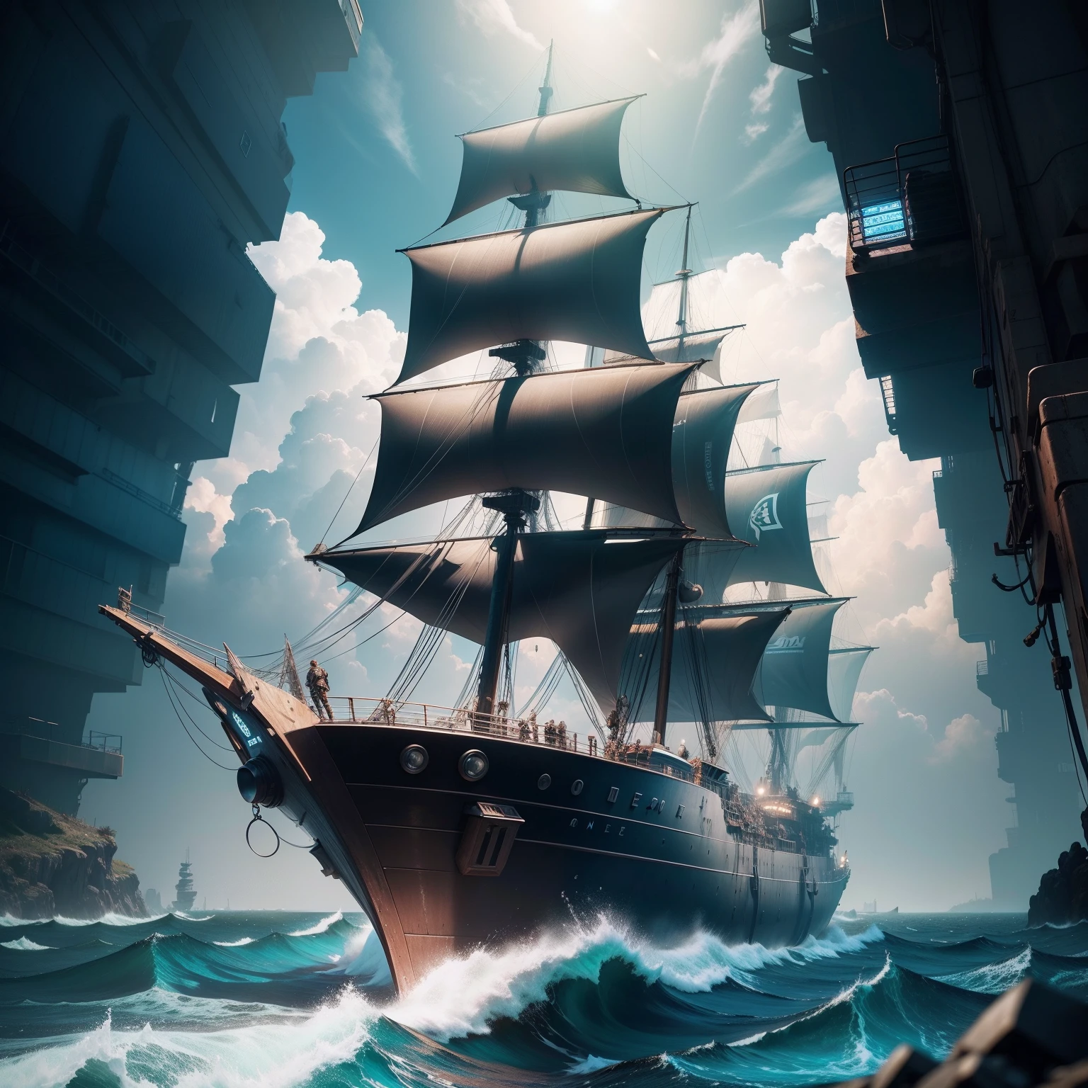 Onda do mar gigante, 3d, 4k, cyberpunk, paisagem, 2000x2000, sem barcos, sem pessoas,