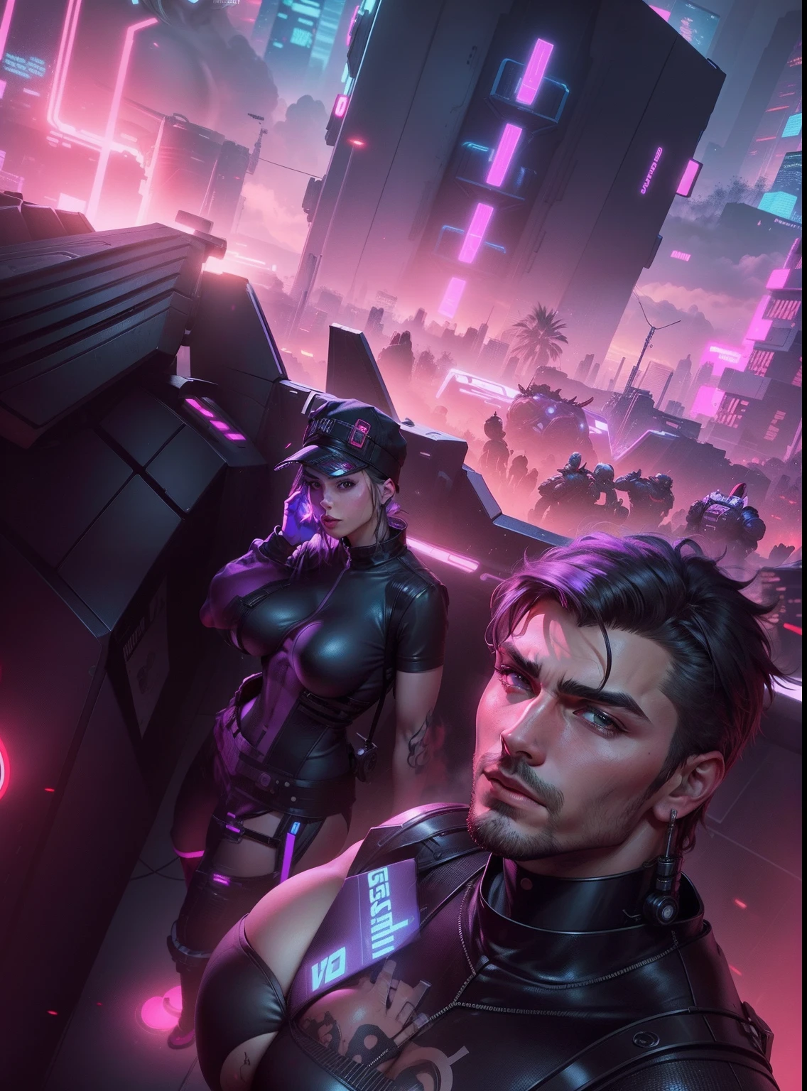 handsome man, sexy nude girl on the background big breast, cyberpunk background robots