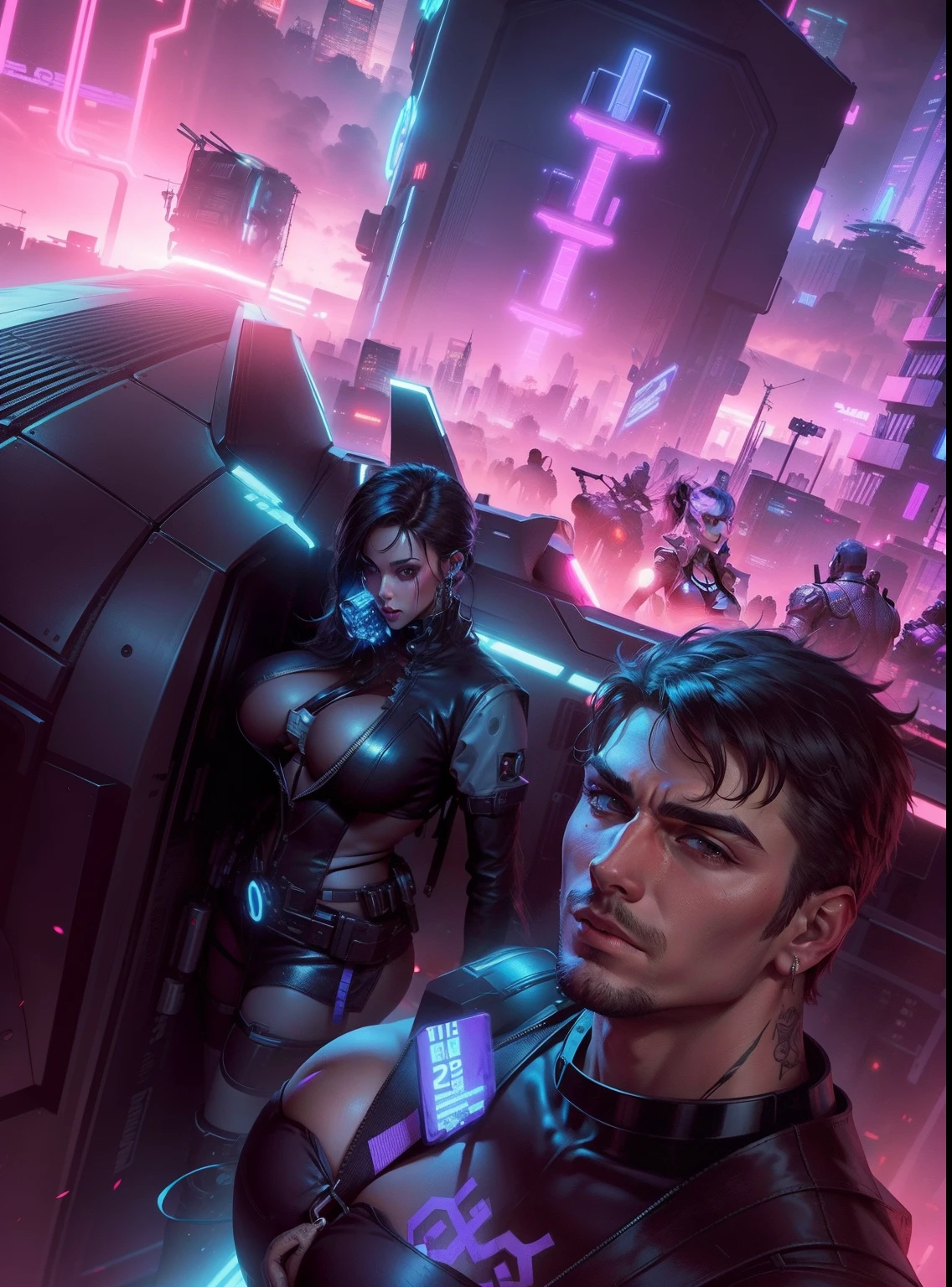 handsome man with sexy girl on the background big breast, cyberpunk background robots