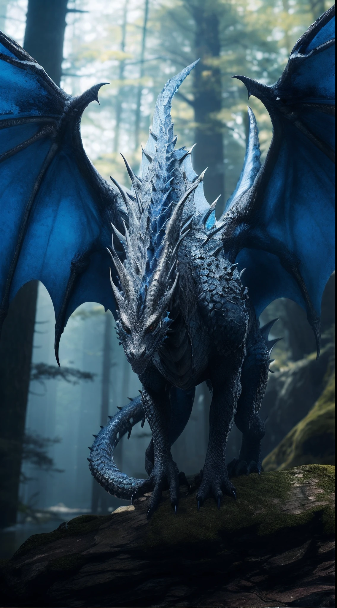 there is a dragon that is standing on a rock in the woods, blue scaled dragon, frost dragon, dragon inspired blue armor, wyvern, 4 k detail fantasy, blue dragon, colossal dragon as background, ancalagon the black, dramatic cinematic detailed fur, a majestic gothic dragon, dragon with scars, hyper detailed and realistic, hyper real highly detailed