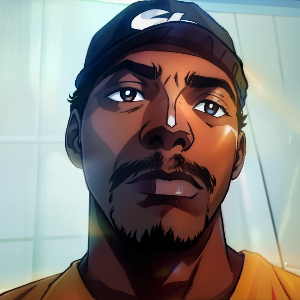 arafed man with dark eyes wearing a hat and a yellow shirt is looking at the camera, inspired by Terrell James, orisha, david uzochukwu, about 3 , george floyd, taken in the early 2020s, he is 3 5 years oldn from louisiana, he is about 40 years old. The background is a futuristic recording studio in an apartment.