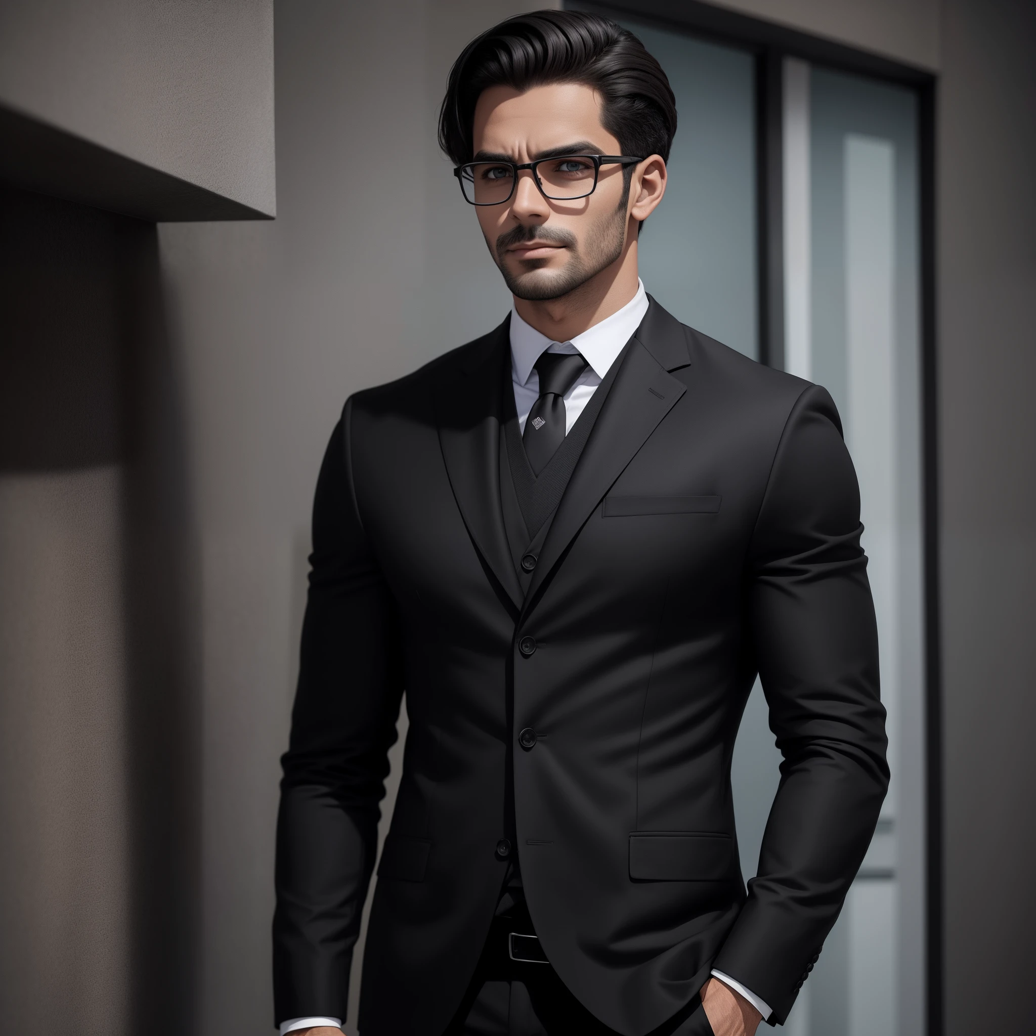 Um homem, usando um terno preto,sem plano de fundo , com o olhar frio e calculista