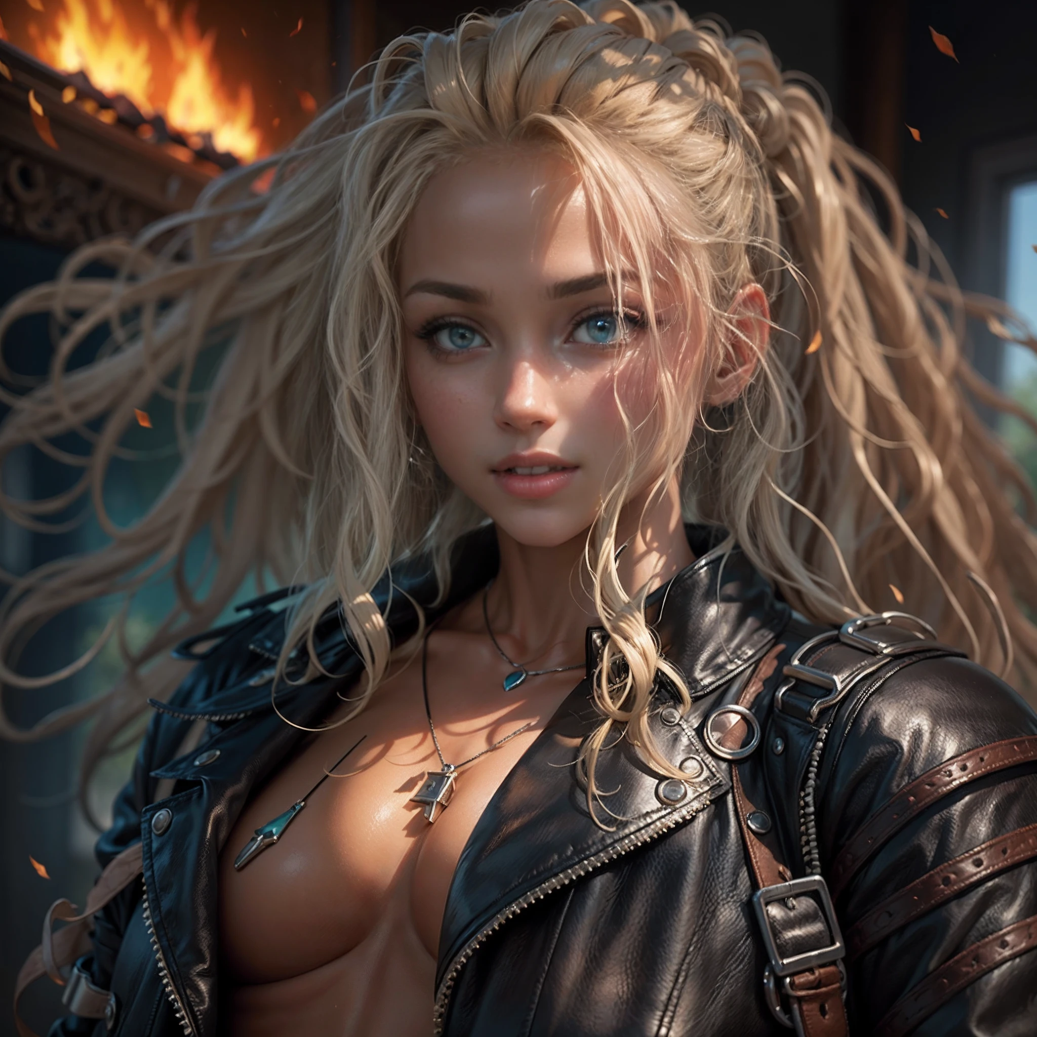 Blonde woman in leather clothes posing in front of a fire, deusa bonita, Fantasia sedutora, blonde hair, dreadlocks, cabelo entre os olhos, pupilas dilatadas, eye reflection, aqua eyes, licking lips, sorriso sedutor, Estilo anime, raios de deus, ray tracing, tiro de cima, UHD, master part, pele texturizada, super detalhe, best quality, 16k