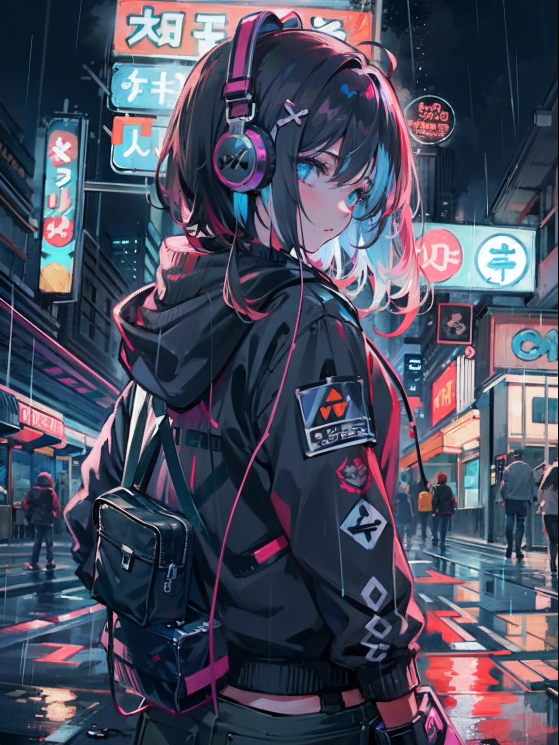 masterpiece, girl alone, solo, incredibly absurd, hoodie, headphones, street, outdoor, rain, neon,