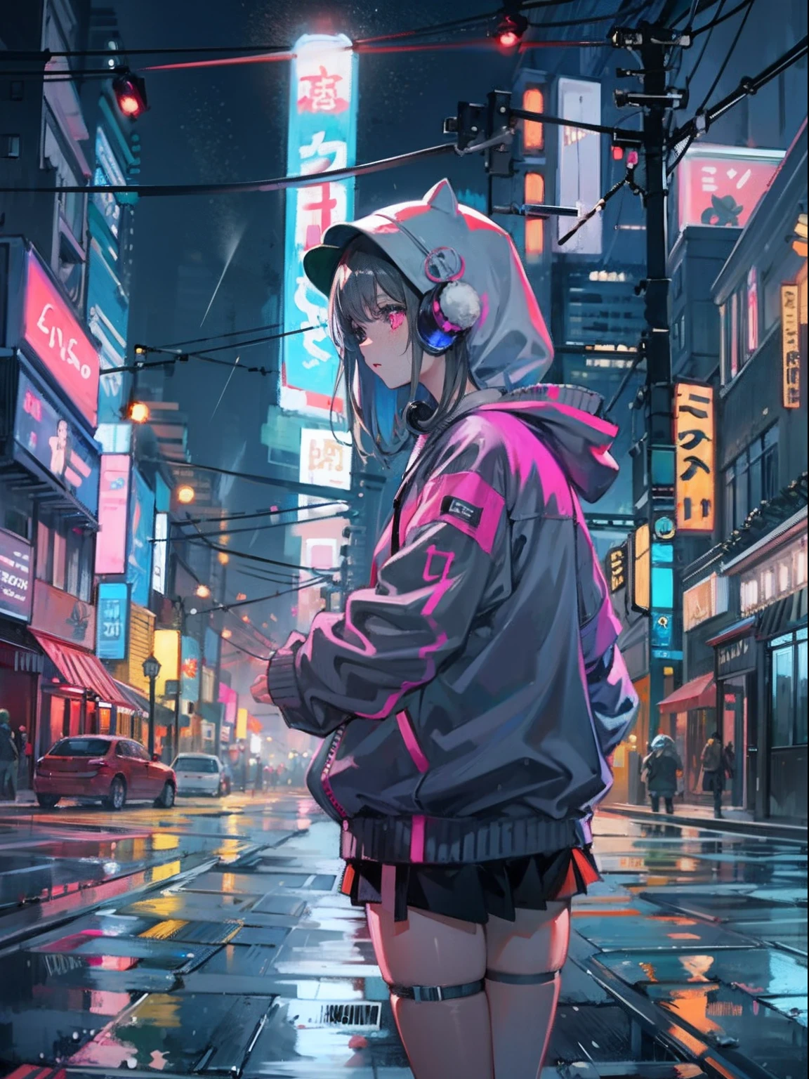 Anime masterpiece, anime girl alone, hoodie, headphones, street, outdoor, rain, neon, cyberpunk city, glowing neon lights.