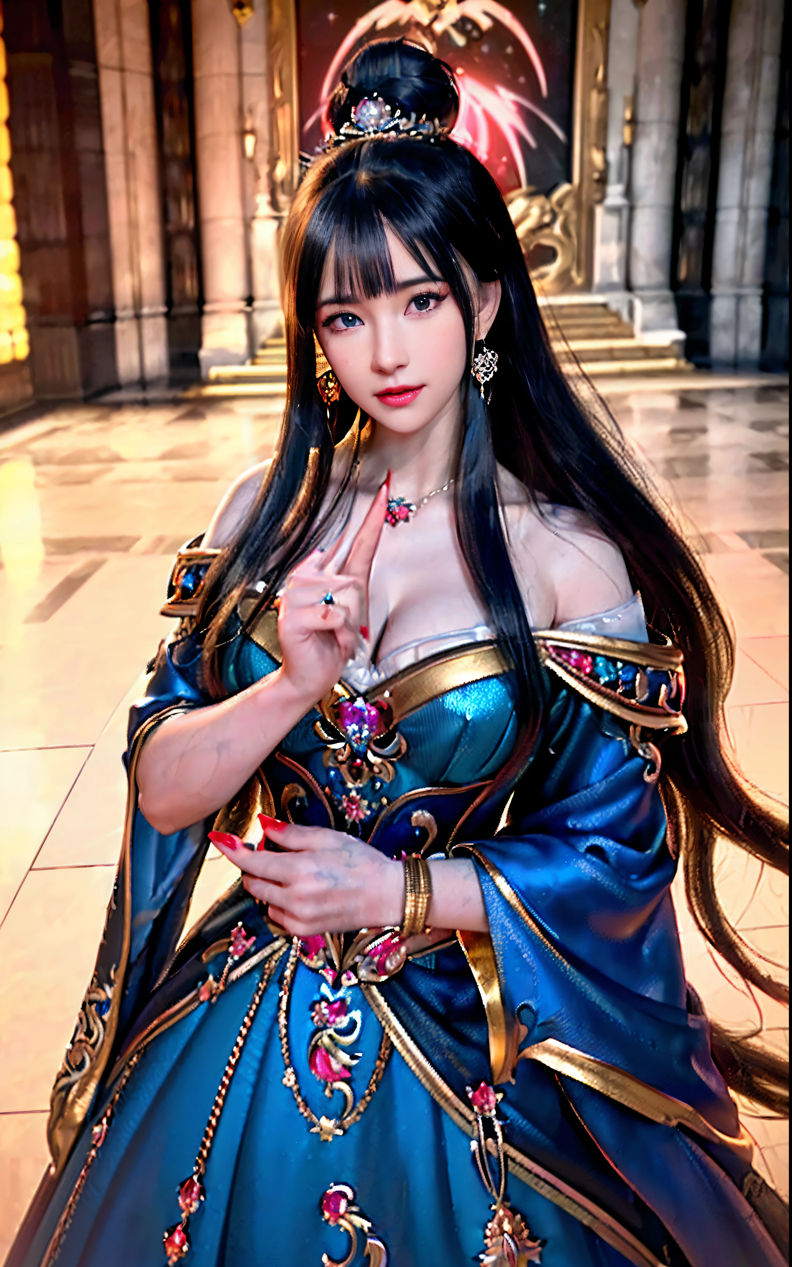 ((realisticity: 1.2)), ((realistic: 8K UHD)), ((best resolution: 8K UHD)), hyper detailed, best quality,masterpiece,highres,cg, ((1 girl hyper detailed and hyper realistic) ) , ((beautiful queen, hyper realistic and hyper detailed)),((white skin, beautiful, smooth, youthful, hyper realistic and hyper detailed )), ((Face hyper beautiful, white, hyper realistic and hyper detailed ) ), long hair, ((hyper realistic and hyper detailed dress)), solo, ((hyper realistic, hyper beautiful, beautiful and hyper detailed jewelry)), ((hyper beautiful deep red and golden yellow dress, hyper realistic and hyper detailed )) , ((Her pretty, hyper realistic, hyper detailed diamond filled earrings)), ((Her gorgeous diamond haircut, hyper realistic and hyper detailed)), ((hyper pretty upper body, hyper beautiful, hyper realistic and hyper detailed) ), ((medium breast: 1.1)), ((hyper realistic, hyper pretty, hyper detailed boobs)), ((the backgroun of the royal palace is hyper majestic, hyper realistic and hyper detailed)),((hands and palms hyper beautiful, hyper detailed, hyper realistic)), ((hyper detailed and hyper realistic fingers and fingernails)), ((hyper pretty fingernails, hyper vivid, hyper detailed, hyper realistic)), ((thumb, index finger, middle finger, ring finger, little finger hyper vivid, hyper pretty, hyper detailed, hyper realistic)), ((hyper beautiful fingers, hyper detailed, and hyper realistic)), ((posture not too fat and not too thin, hyper realistic, hyper detail)), ((hyper pretty, hyper pretty, hyper realistic and hyper detailed hair bun)), ((hyper pretty , hyper realistic and hyper detailed blue hair)), candid, Photo, high resolution, 8k , bokeh,