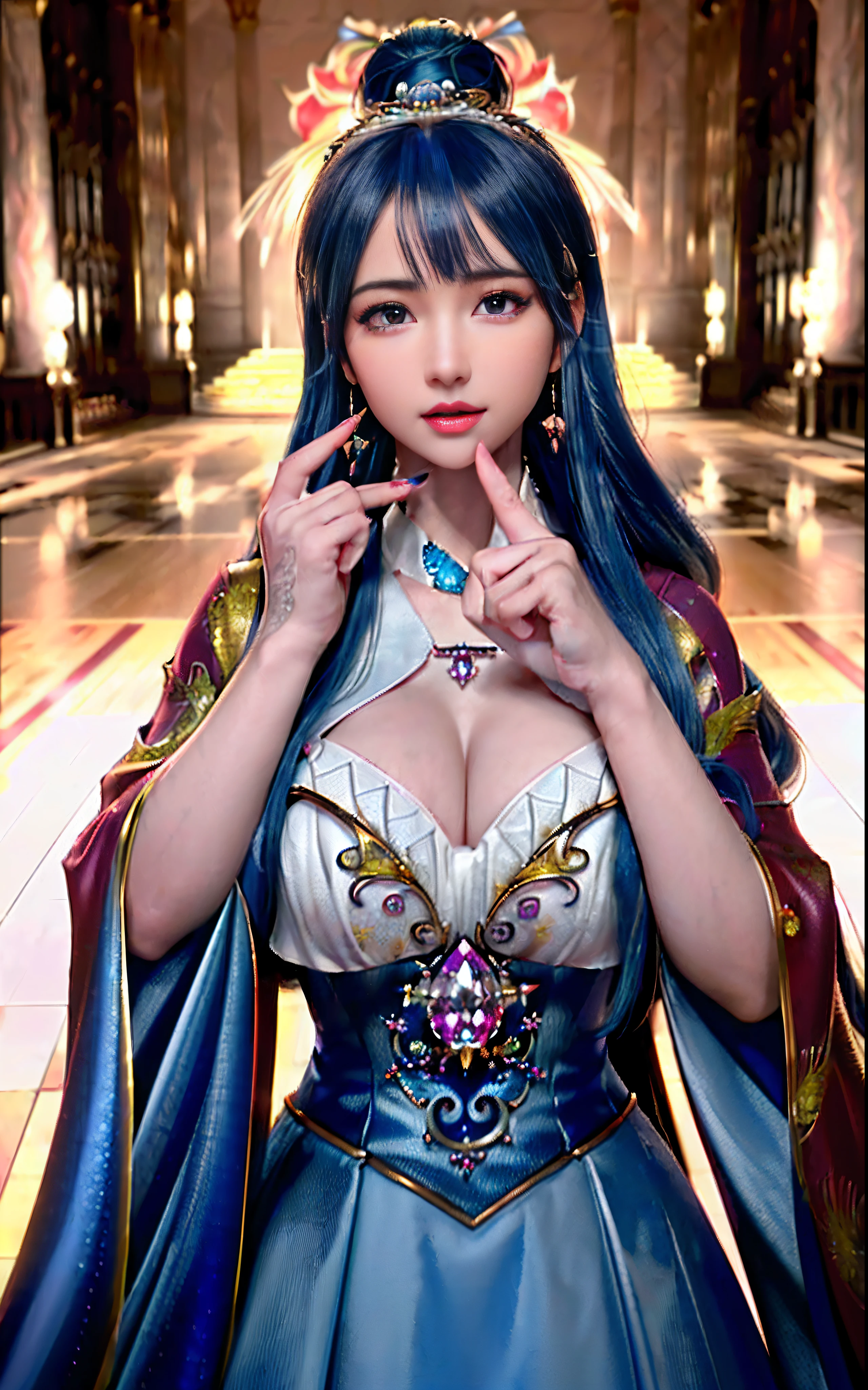 ((realisticity: 1.2)), ((realistic: 8K UHD)), ((best resolution: 8K UHD)), hyper detailed, best quality,masterpiece,highres,cg, ((1 girl hyper detailed and hyper realistic) ) , ((beautiful queen, hyper realistic and hyper detailed)),((white skin, beautiful, smooth, youthful, hyper realistic and hyper detailed )), ((Face hyper beautiful, white, hyper realistic and hyper detailed ) ), long hair, ((hyper realistic and hyper detailed dress)), solo, ((hyper realistic, hyper beautiful, beautiful and hyper detailed jewelry)), ((hyper beautiful deep red and golden yellow dress, hyper realistic and hyper detailed )) , ((Her pretty, hyper realistic, hyper detailed diamond filled earrings)), ((Her gorgeous diamond haircut, hyper realistic and hyper detailed)), ((hyper pretty upper body, hyper beautiful, hyper realistic and hyper detailed) ), ((medium breast: 1.1)), ((hyper realistic, hyper pretty, hyper detailed boobs)), ((the backgroun of the royal palace is hyper majestic, hyper realistic and hyper detailed)),((hands and palms hyper beautiful, hyper detailed, hyper realistic)), ((hyper detailed and hyper realistic fingers and fingernails)), ((hyper pretty fingernails, hyper vivid, hyper detailed, hyper realistic)), ((thumb, index finger, middle finger, ring finger, little finger hyper vivid, hyper pretty, hyper detailed, hyper realistic)), ((hyper beautiful fingers, hyper detailed, and hyper realistic)), ((posture not too fat and not too thin, hyper realistic, hyper detail)), ((hyper pretty, hyper pretty, hyper realistic and hyper detailed hair bun)), ((hyper pretty , hyper realistic and hyper detailed blue hair)), candid, Photo, high resolution, 8k , bokeh,