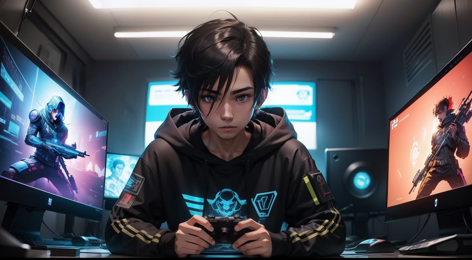 hay un streamer jugando con una computadora gamer y unos auriculares, Obra de arte estilo anime 2D, chico con sudadera, Estilo Cyberpunk, digital anime illustration, The boy is in front of the camera.