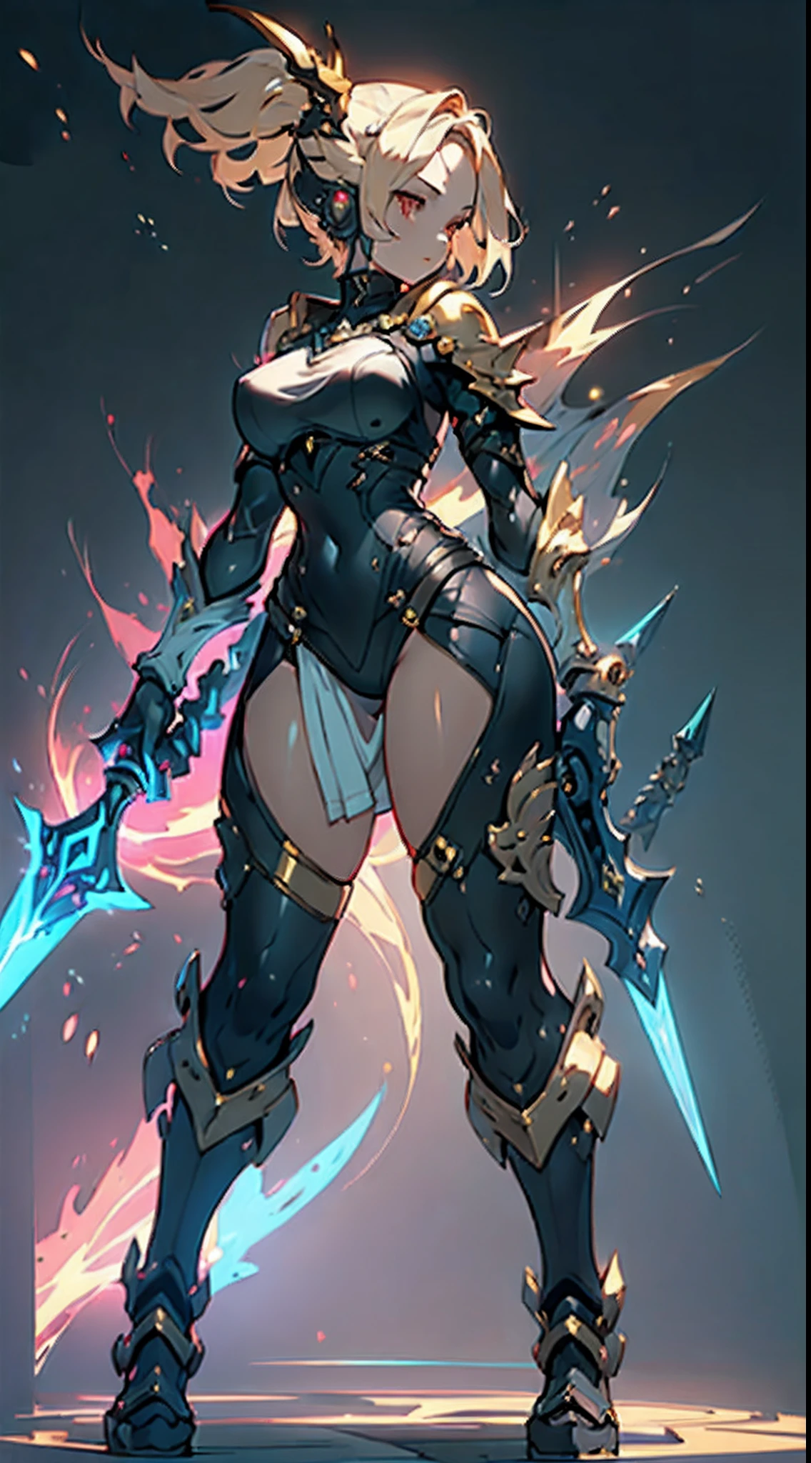 Design a layout showcase Gaming character, ((1girl)), sorcerer:1.2, Golden+Purle clothes, stylish and unique, ((showcase weapon:1.4)), magic staff, (masterpiece:1.2), (best quality), 4k, ultra-detailed, (Step by step design, layout art:1.5), (luminous lighting, atmospheric lighting), Final Fantasy style, magican, ((glove full hands)), fran, viera, (((revealing clothes:1.3))), vambraces, armored legwear, (((full_body_shot:1.4))), Niji, back_view, T_pose