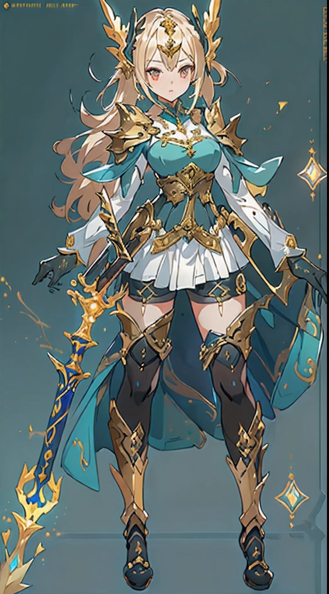 Design a layout showcase Gaming character, ((1girl)), sorcerer:1.2, Golden+Purle clothes, stylish and unique, ((showcase weapon:1.4)), magic staff, (masterpiece:1.2), (best quality), 4k, ultra-detailed, (Step by step design, layout art:1.5), (luminous lighting, atmospheric lighting), Final Fantasy style, magican, ((glove full hands)), fran, viera, (((revealing clothes:1.3))), vambraces, armored legwear, (((full_body_shot:1.4))), Niji, back_view, T_pose