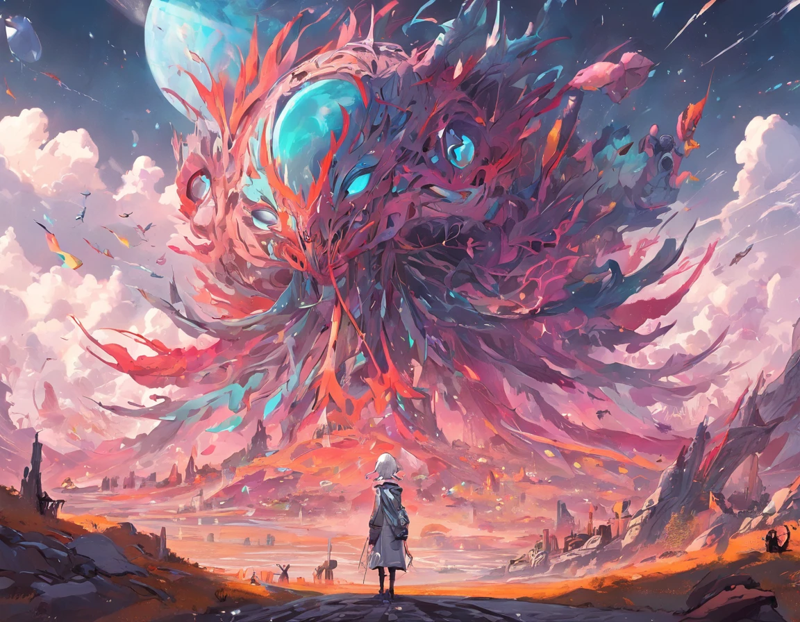 post apocalyptic world, where flamboyant and surreal alien creatures have seized power, extraterrestrial beings with mesmerizing colors and intricate patterns, Spaceships and spaceships, scattered across the landscape, Surreal and fairytale atmosphere, An unreal and bright color palette with intense and contrasting shades, digital painting with a mixture of science fiction and surrealism, whimsical and whimsical landscapes, Fantastic and fantastical landscapes, Fantastic and fantastical landscapes, Fantastic and fantastical landscapes, Fantastic and fantastical landscapes, Fantastic and fantastical landscapes, Fantastic and fantastical landscapes, Fantastic and fantastical landscapes, Fantastic and fantastical landscapes, Fantastic Fantastic, X.R. Giger, Salvador Dali, Moebius,