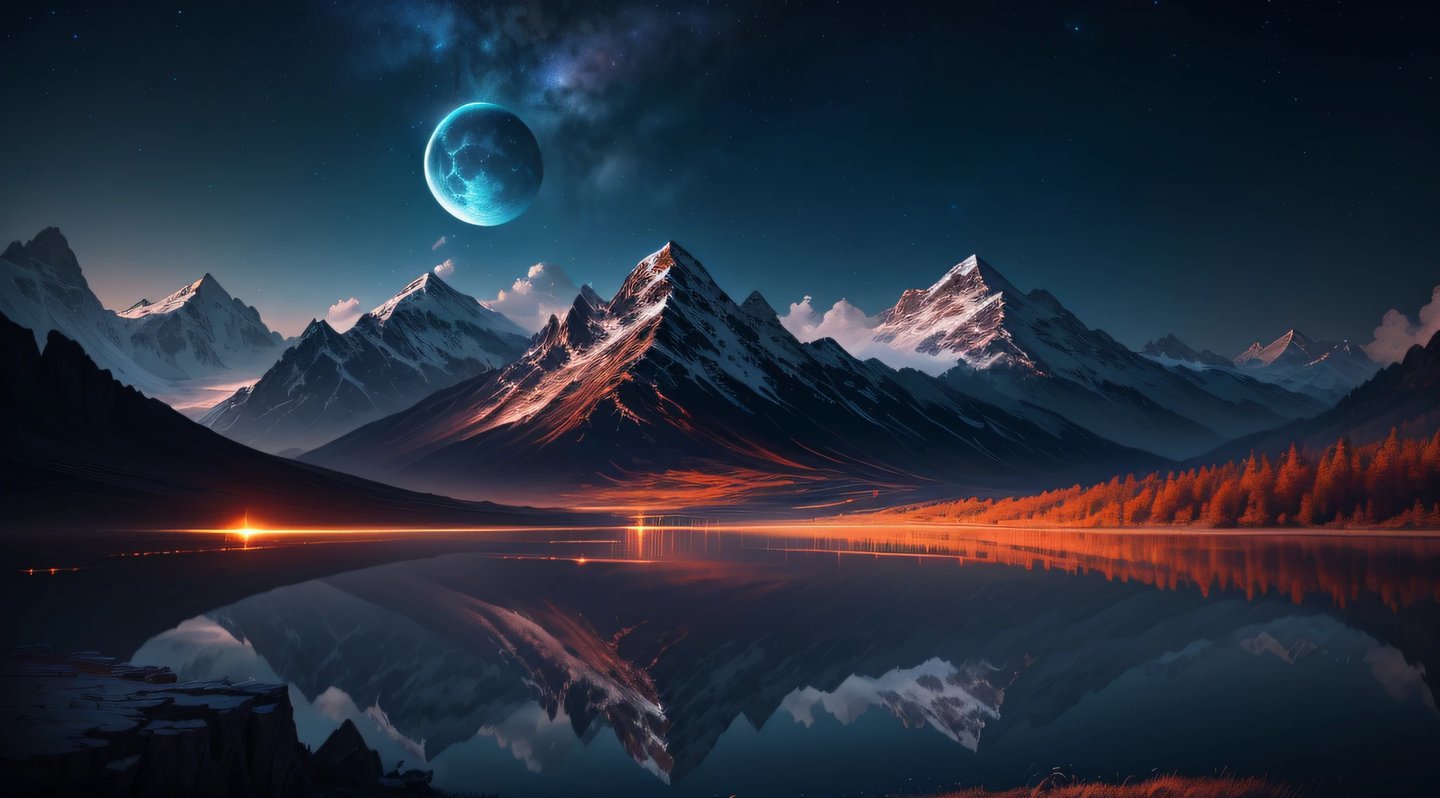 mountains and a lake with a moon in the sky, 4k arte digital altamente detalhada, 4k hd wallpaper muito detalhado, paisagem de fantasia impressionante,fantasia medieval desktop wallpaper, unreal engine papel de parede 4k, 4k arte digital detalhada, papel de parede de fantasia medieval, epic landscape of dreamlike fantasy, 4k hd matte pintura digital, 8k arte impressionante