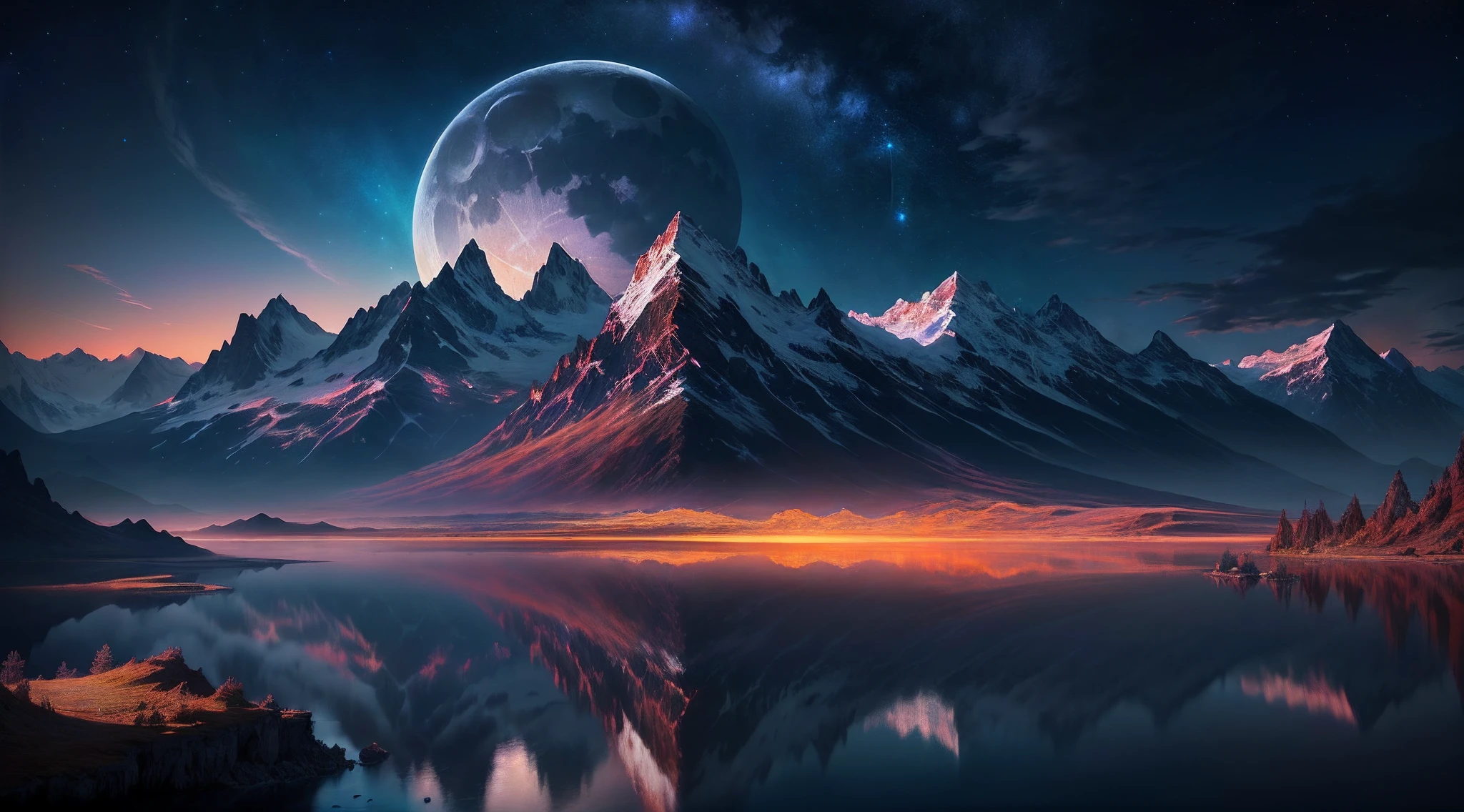 mountains and a lake with a moon in the sky, 4k arte digital altamente detalhada, 4k hd wallpaper muito detalhado, paisagem de fantasia impressionante,fantasia medieval desktop wallpaper, unreal engine papel de parede 4k, 4k arte digital detalhada, papel de parede de fantasia medieval, epic landscape of dreamlike fantasy, 4k hd matte pintura digital, 8k arte impressionante