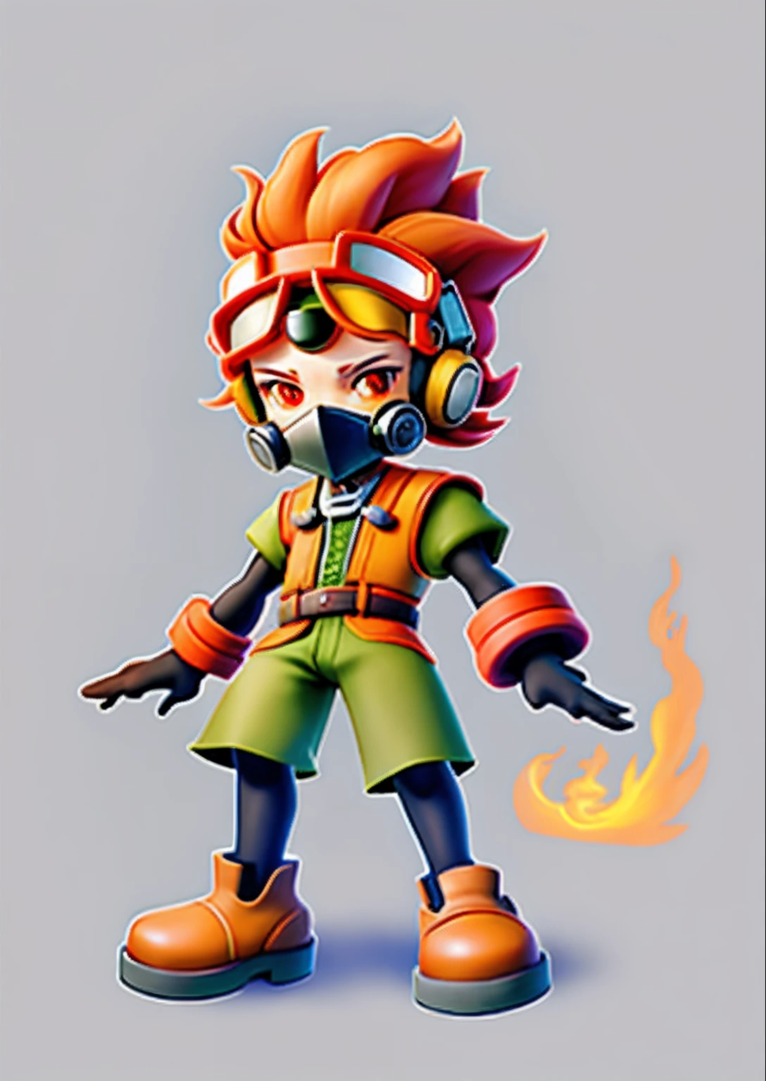 A cartoon character of a boy wearing a gas mask and goggles, Small Fire Phlegm, crono, pyromancer, firemage, Fire!! full bodyesbian, character art of maple story, Game character design, crimson fire head, video game characters designs, chrono trigger guilty gear style, anime style character, hero 2 d fanart artsation, video game character concept