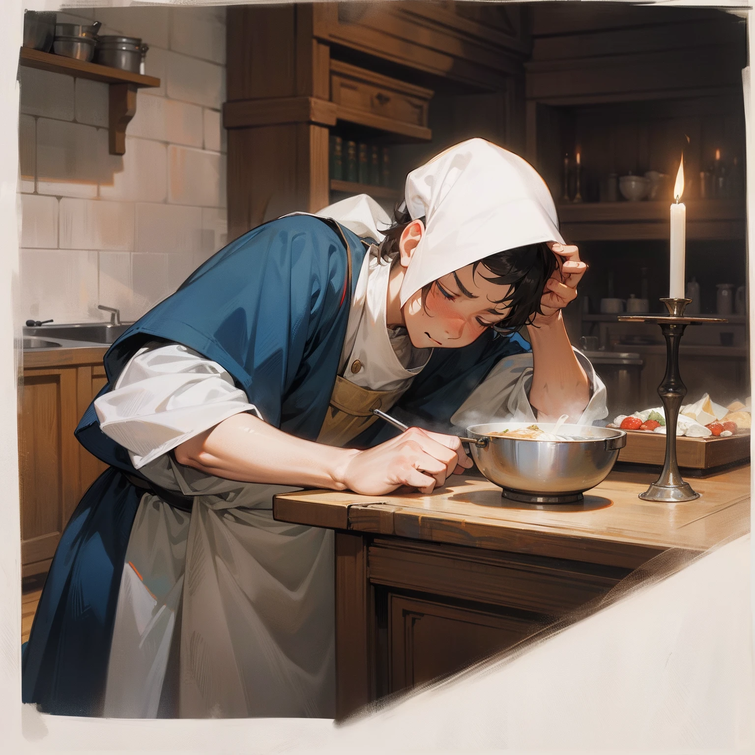 A chef,European Middle Ages,eye closeds,saddened,sigh,distress