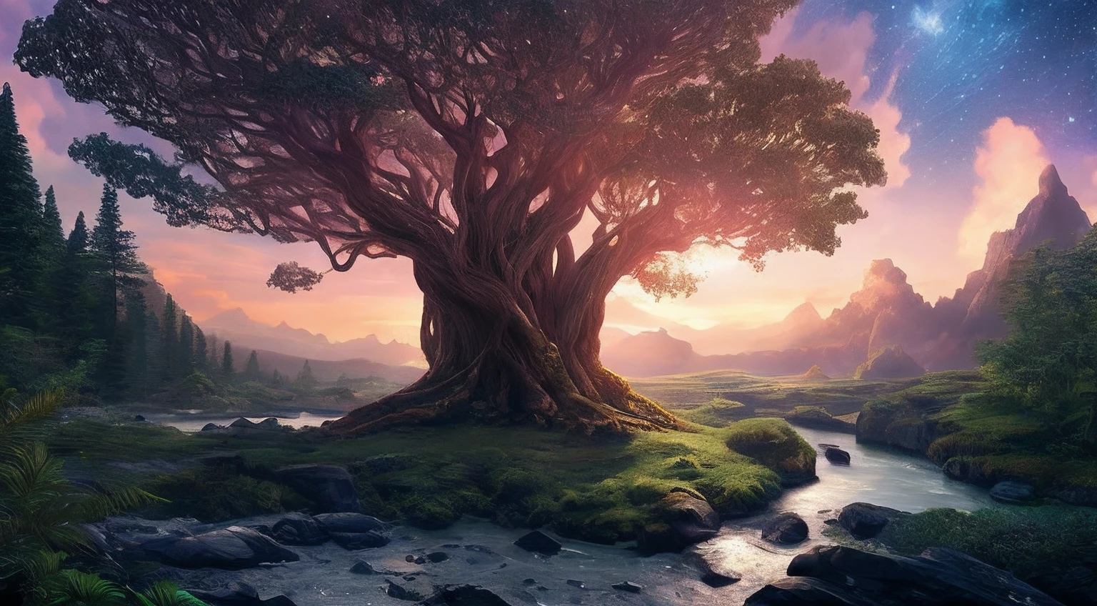 Illustration of a hyperrealistic , otherworldly, ultrasky scene featuring a giant crystal tree full body,very detailed and magical lighting, intricate forest details, vegetation and river around, solarpunk ,landscape, giant tree, beatifull leafy with beautiful lighting and realistic proportions, as if it were a cinematic background, 8k, highest quality, masterpiece, clouds and stars in the sky.
