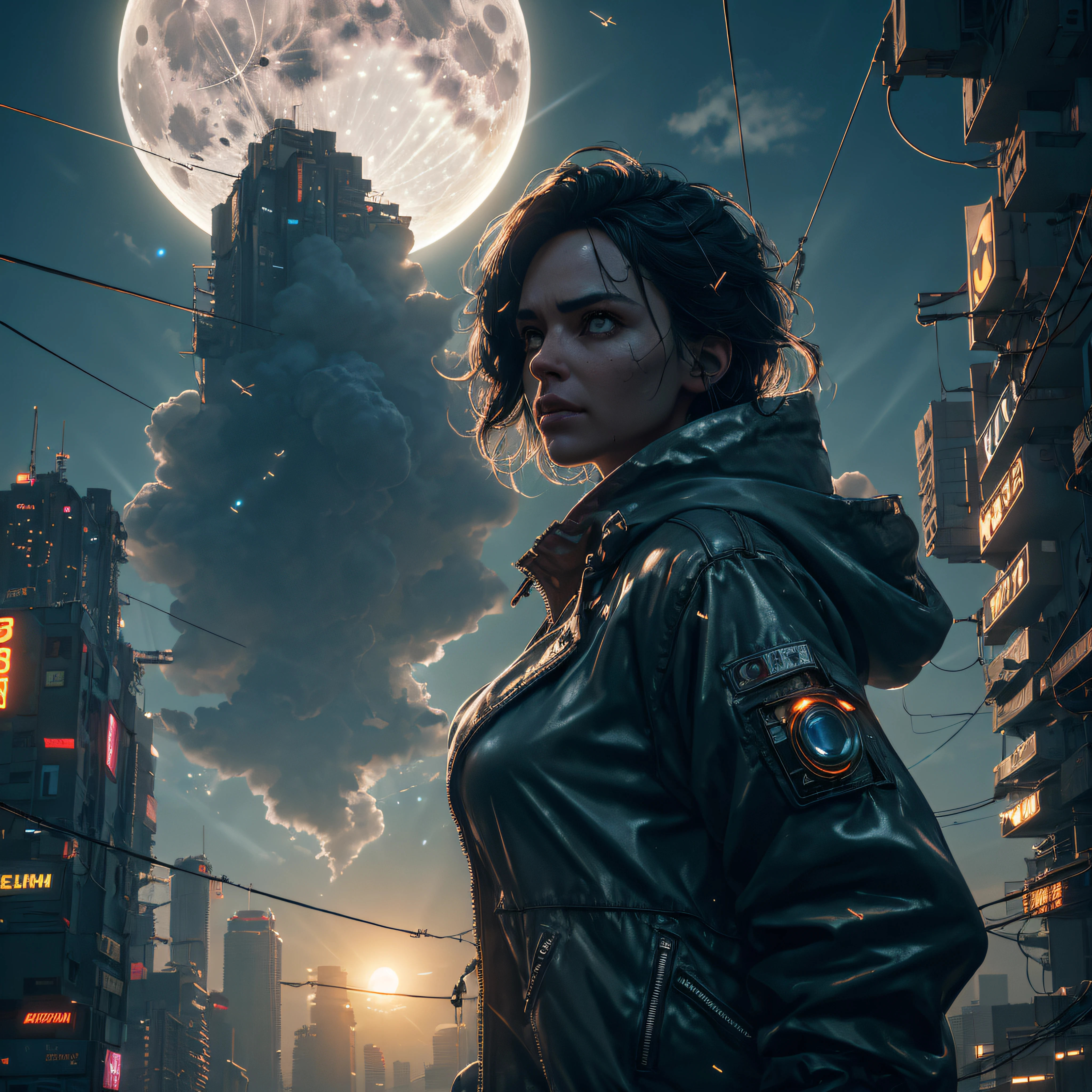1woman wearing oversized jacket, eye to camera, a mass of paper sheets fly through the air, big moon, pixel, dark, neon lights, dangling sprinkler wires, cinematic lighting, closeup, cyberpunk, hard surface modeling, full of battle gear, whitekeylight, obscure lighting contrast, poetic, detailed, realistic, 8k uhd, high quality, big cumulus clouds, (1beam shines vertically into the sky:1.3), (Megalytic structures:1), dramatic, dangerous, sunlight background, unreal, surreal, unreal engine, Cinematic Light