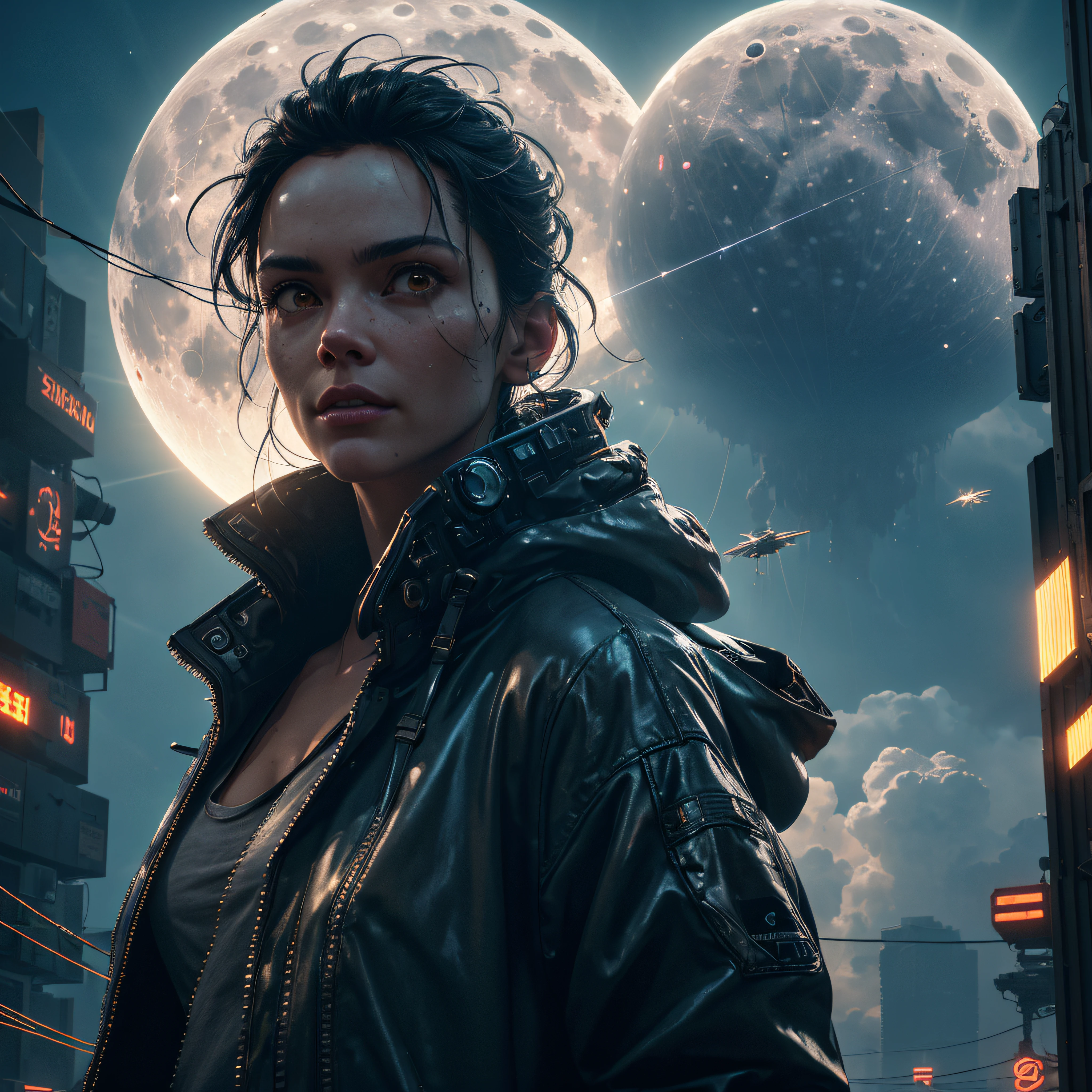 1woman wearing oversized jacket, eye to camera, a mass of paper sheets fly through the air, big moon, pixel, dark, neon lights, dangling sprinkler wires, cinematic lighting, closeup, cyberpunk, hard surface modeling, full of battle gear, whitekeylight, obscure lighting contrast, poetic, detailed, realistic, 8k uhd, high quality, big cumulus clouds, (1beam shines vertically into the sky:1.3), (Megalytic structures:1), dramatic, dangerous, sunlight background, unreal, surreal, unreal engine, Cinematic Light